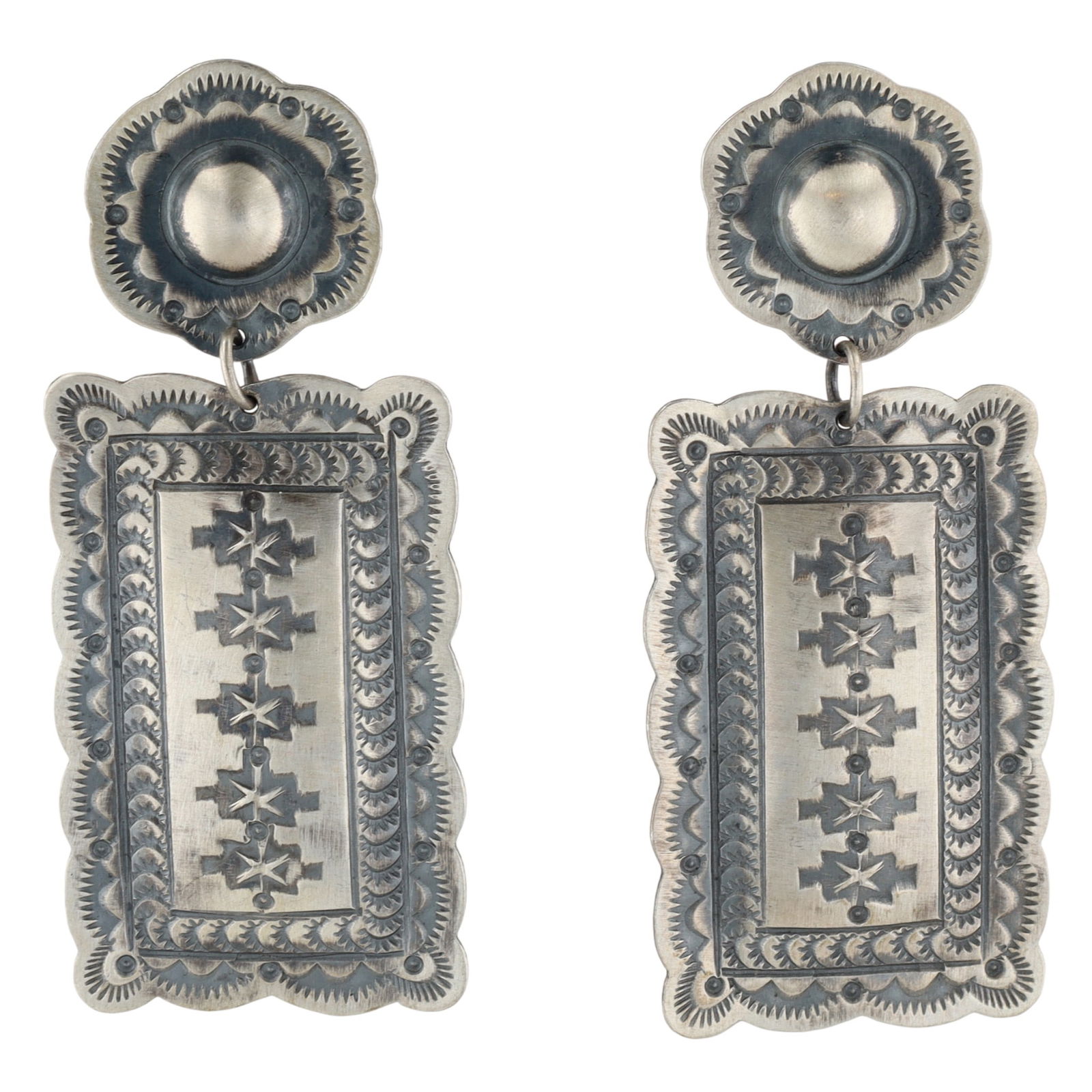 Harold Joe Navajo Stamped Dangle Earrings: Big! Harold Joe Navajo Sterling Hand Stamped Dangle Earrings - Approx. 2.5" long x 1" wide - 12.4g