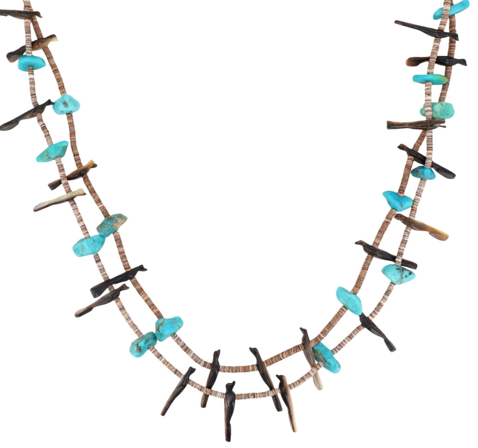 Signed Santo Domingo Carved Bird Turquoise and Shell Heishi Necklace: Signed Santo Domingo Kewa Vintage Sterling Cones and Carved Bird, Turquoise and Shell Heishi 2-Strand Necklace - 51g - approx. 24" + 4.75" extension (28.75") - beautiful piece!