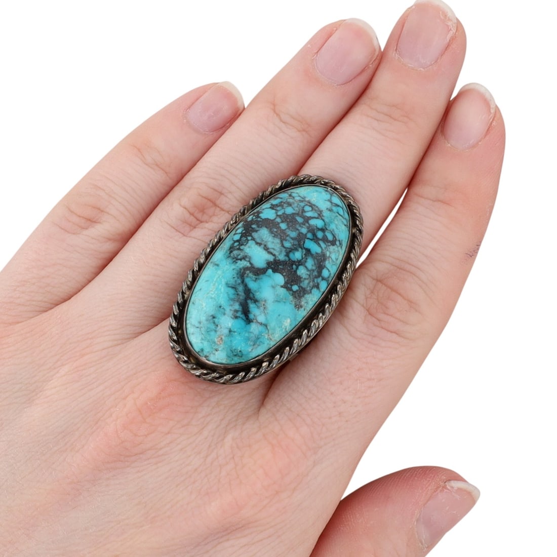 Signed Vintage Navajo Turquoise Oversized Ring Sz 10: Big! Signed 'R' Vintage Navajo Sterling and Turquoise Ring Sz 10 - 23.5g! - amazing turquoise and matrix! - Approx. 1.7" x 1"