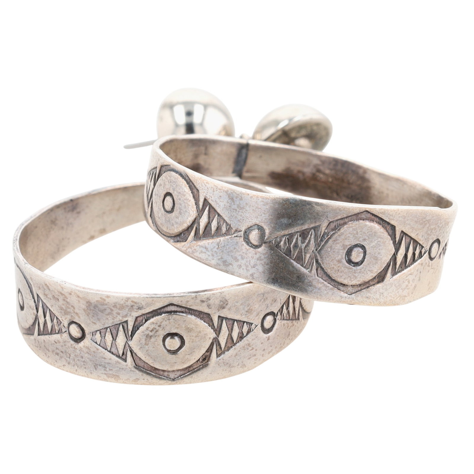 Vintage Navajo Hand Stamped Hoop Earrings: Vintage Navajo Sterling Hand Stamped Hoop Earrings - 11.5g