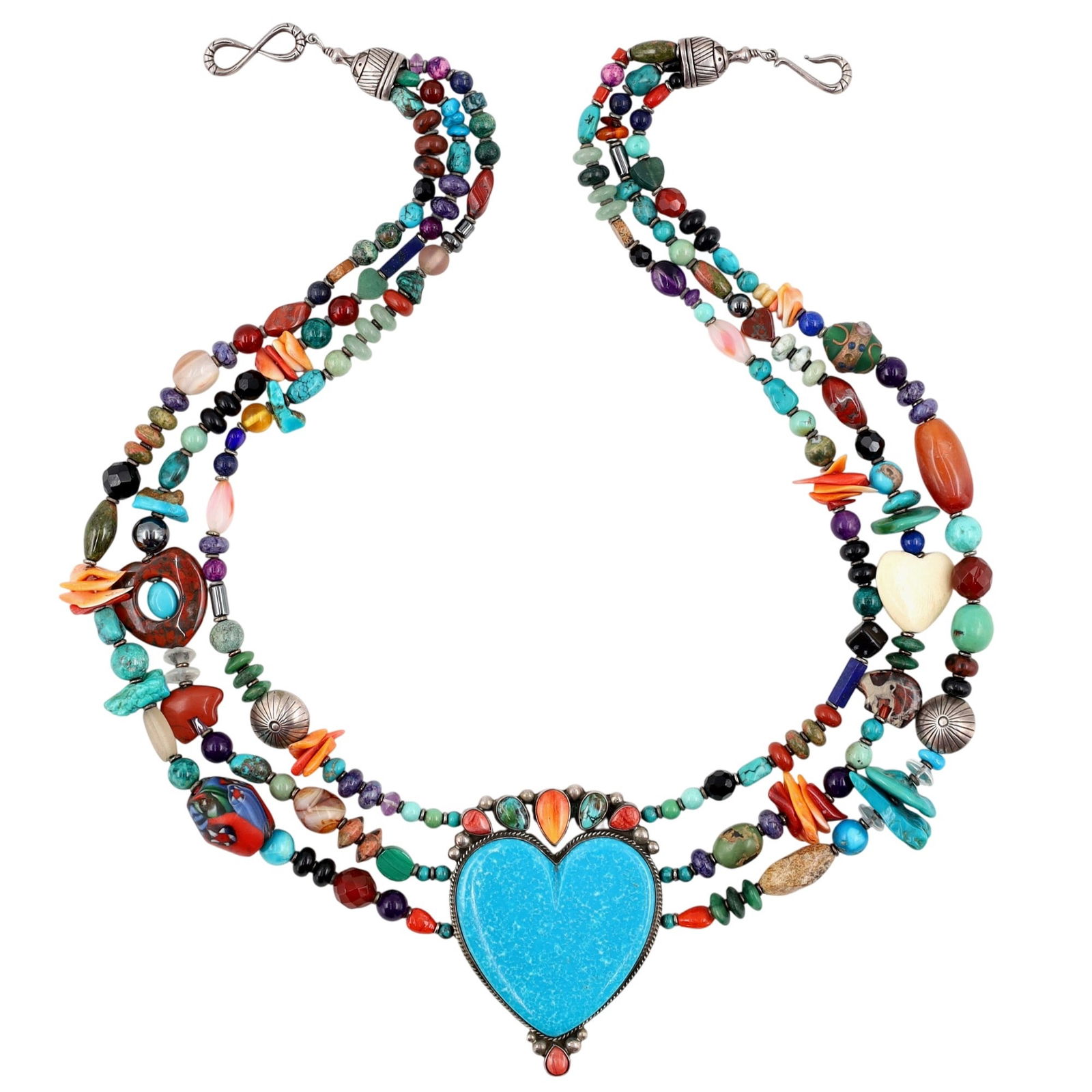 Stunning Betty Ann Lee Navajo Multistone Heart Necklace: Unique, one-of-a-kind - Huge Betty Ann Lee Navajo Sterling Multistone Heart Necklace - 238g! - approx. 27.5" end to end, center piece is 2.9" tall x 2.1" wide / This is a fabulous necklace with so man