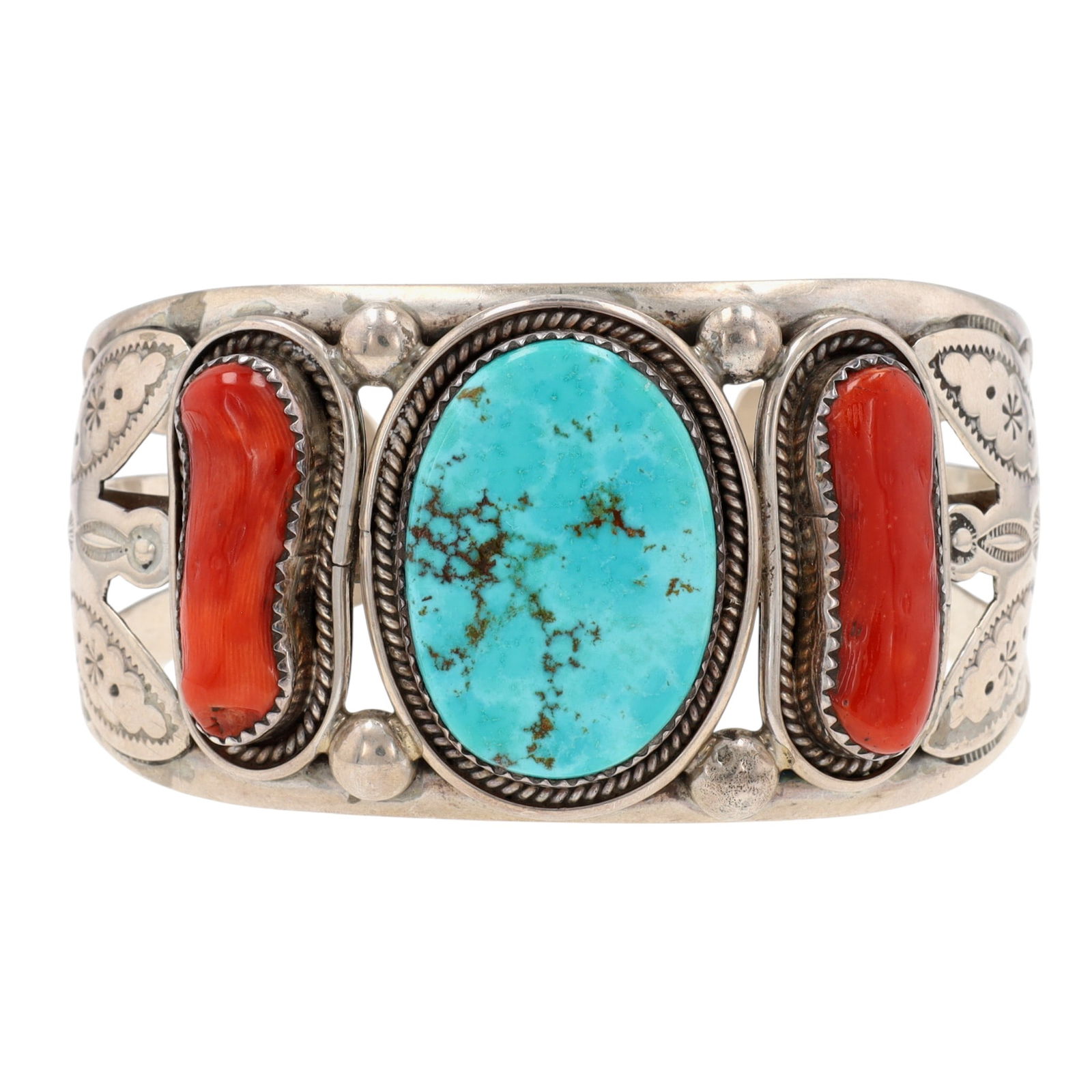 L. Ramone Navajo Turquoise and Coral Stamped Cuff Bracelet (1 of 7)