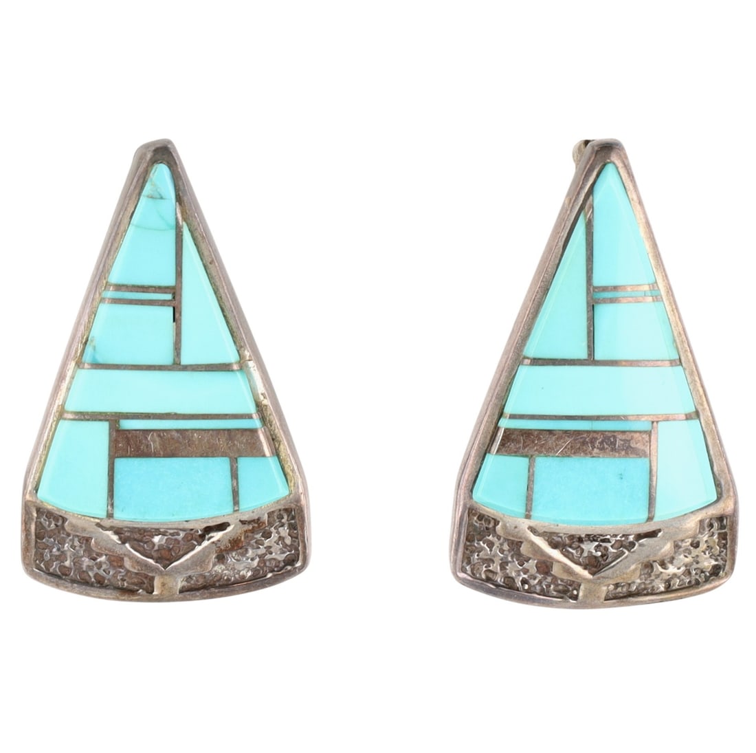 Calvin Begay Navajo Turquoise Inlay Earrings: Calvin Begay Navajo for Gilbert Ortega Shop Sterling Turquoise Inlay Earrings - 9.2g