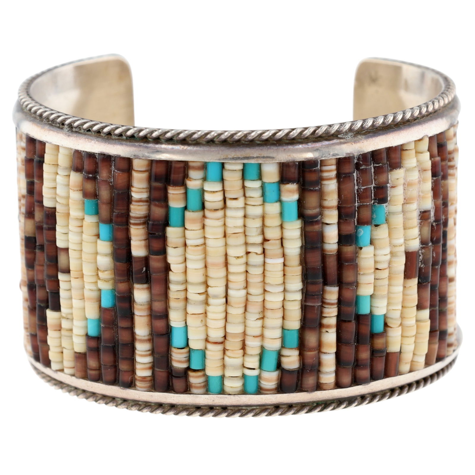 Luciano Chavez Santo Domingo Kewa Heishi Cuff Bracelet: Vintage Luciano Chavez Santo Domingo Kewa Sterling Turquoise & Shell Heishi Wide Cuff Bracelet - 55.5g