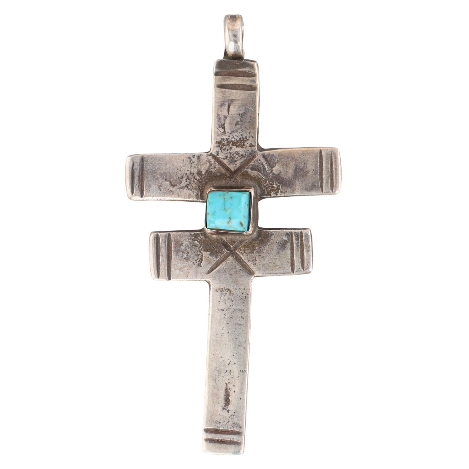 Leo Coriz Santo Domingo Turquoise Isleta Cross Pendant: Rare Vintage Leo Coriz Santo Domingo Sterling and Turquoise Isleta Cross Pendant - 7.8g
