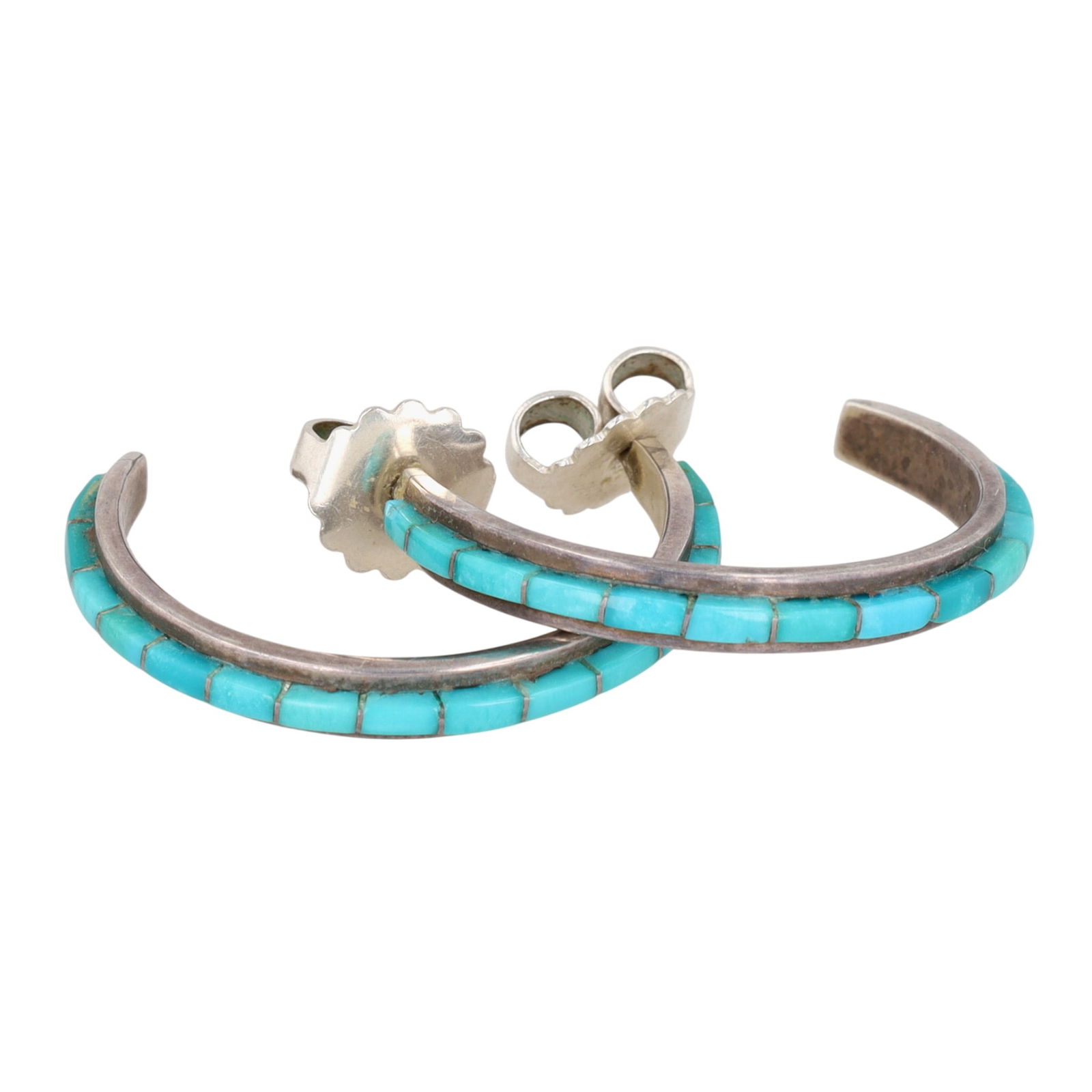 Zuni Turquoise Raised Inlay Hoop Earrings: Zuni Sterling and Turquoise Raised Inlay Hoop Earrings - 6.8g