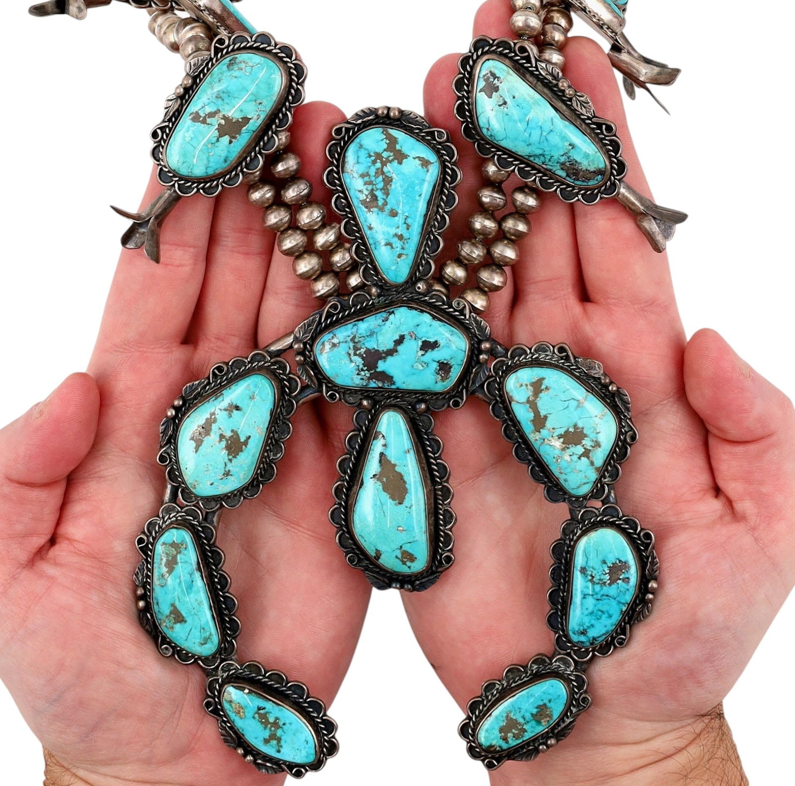 HUGE Signed Navajo Turquoise Squash Blossom Necklace 465g!: Beyond HUGE! 465g! Hand Signed 'Heidke' Vintage Navajo Sterling and Morenci? Turquoise Squash Blossom Necklace - Museum Worthy! / Approximately 465 GRAMS!! / MEASUREMENTS: The necklace is approx. 30"