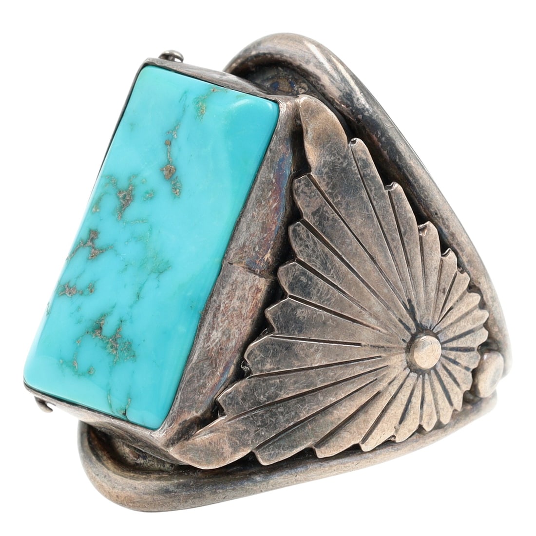 Signed Vintage Navajo Turquoise Chunk Ring Sz 10.5: Vintage Signed JJ (Johnny Johnson?) Navajo Sterling Turquoise Chunk Ring Sz 10.5 - 13.9g - exquisite turquoise stone with amazing grooves and shape.