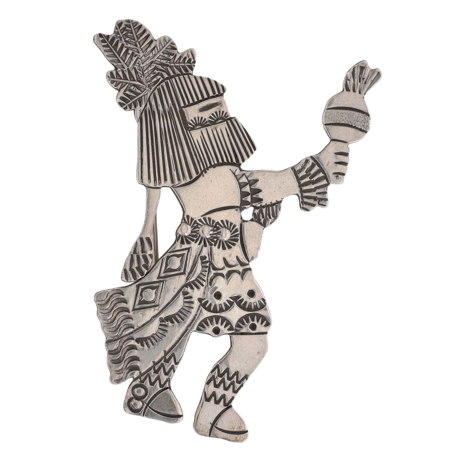 Floyd & Lloyd Becenti Navajo Stamped Shalako Brooch: Floyd Jr. & Lloyd Becenti Navajo Sterling Stamped Shalako Brooch - approx. 2.35" tall x 1.6" wide - 8.9g