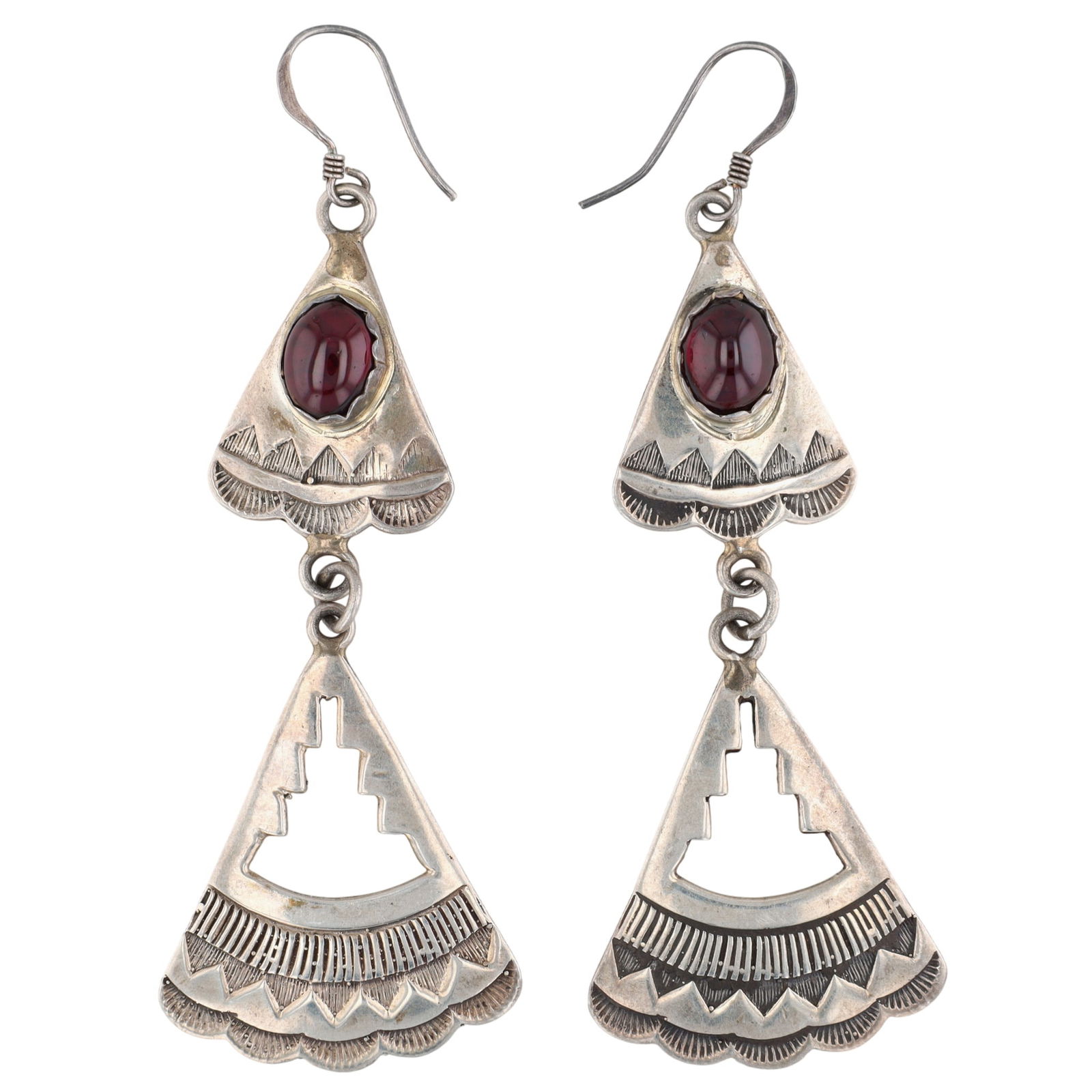 Signed Navajo Stamped Gem Dangle Earrings: Signed AA Navajo Sterling Hand Stamped Gem Dangle Earrings - 17g