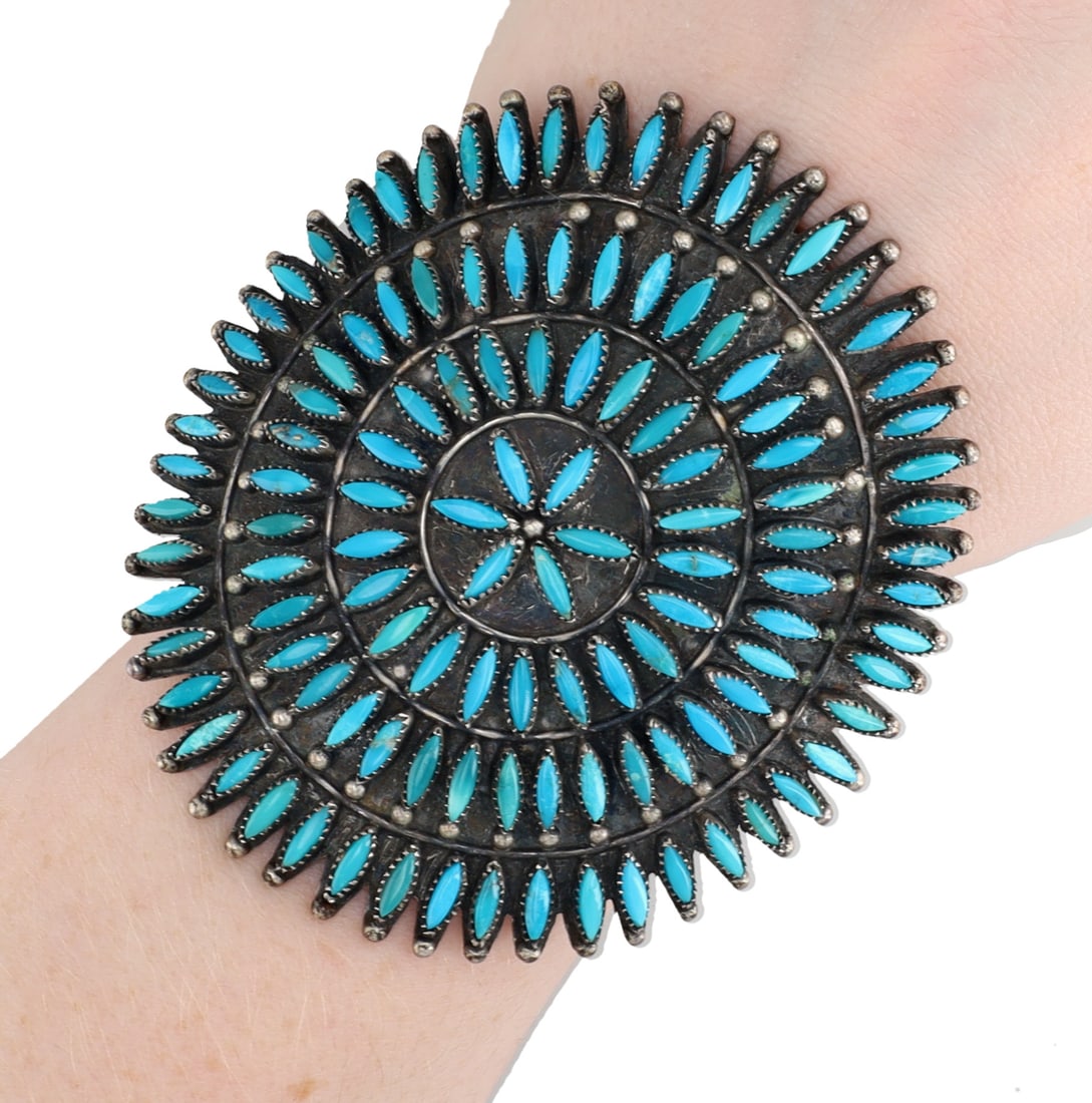 Signed Vintage Zuni Turquoise Needlepoint Cuff Bracelet: Huge Signed Vintage Zuni Sterling and Turquoise Needlepoint Cluster Cuff Bracelet - 60.5g - bracelet face approx. 3" diameter / This cuff originates from an estate collection of Native American collec