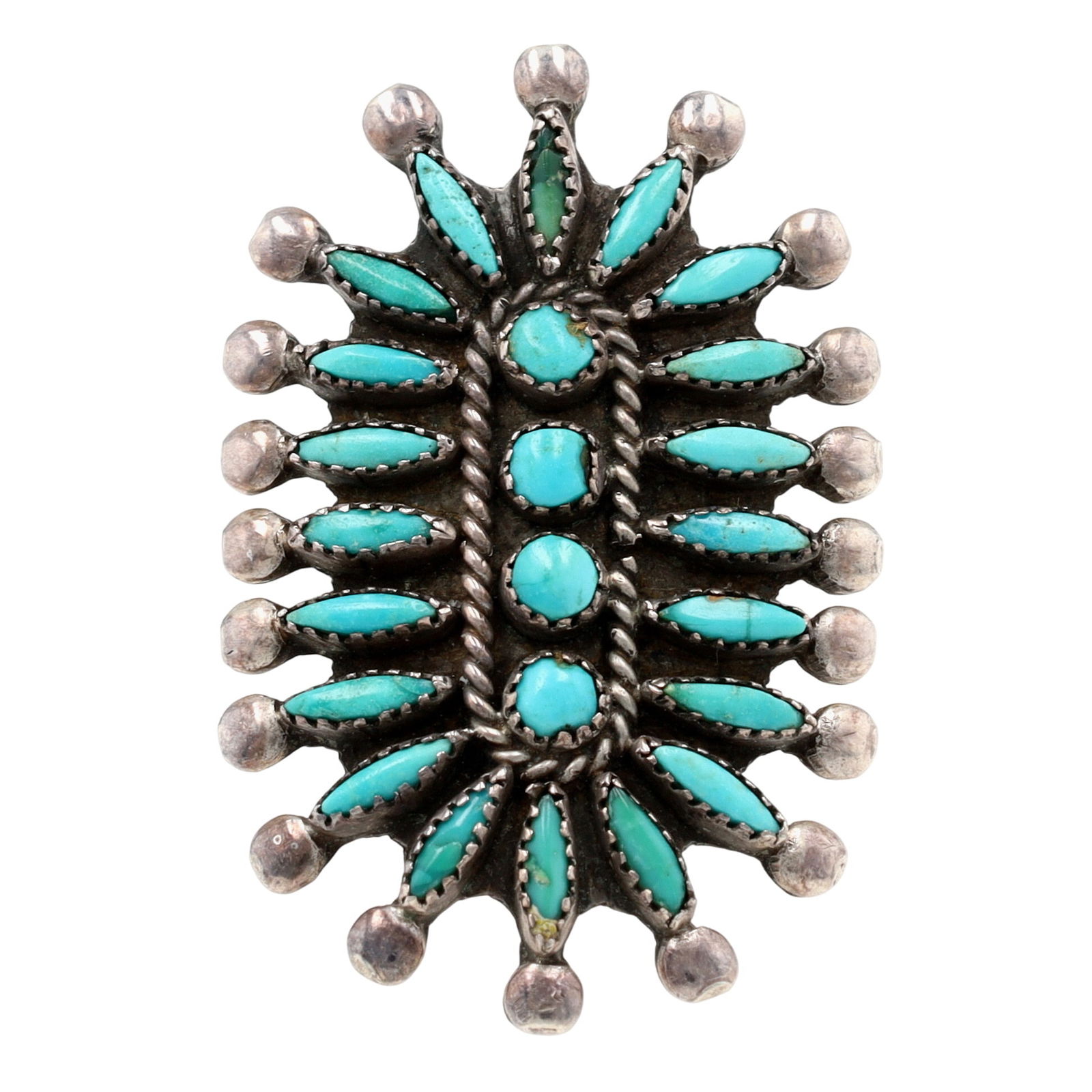 Vintage Zuni Turquoise Needlepoint Cluster Ring Sz 8: Vintage Zuni Sterling Turquoise Needlepoint Cluster Ring Sz 8 - 6.7g - ring face measures approx. 1.5" x 1"