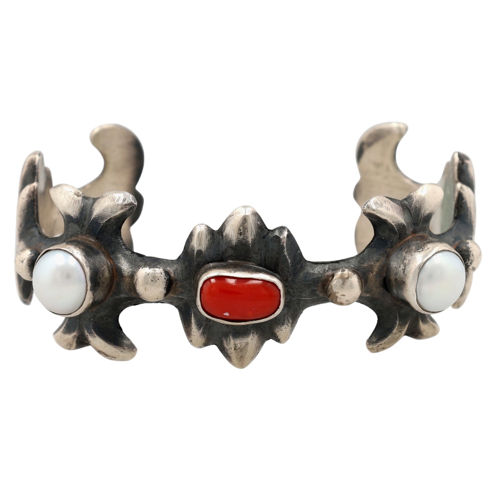Chimney Butte Navajo Coral and Pearl Sandcast Cuff Bracelet: Chimney Butte Navajo Sterling Coral and Pearl Sandcast Cuff Bracelet - 50.9g - Retailed $500