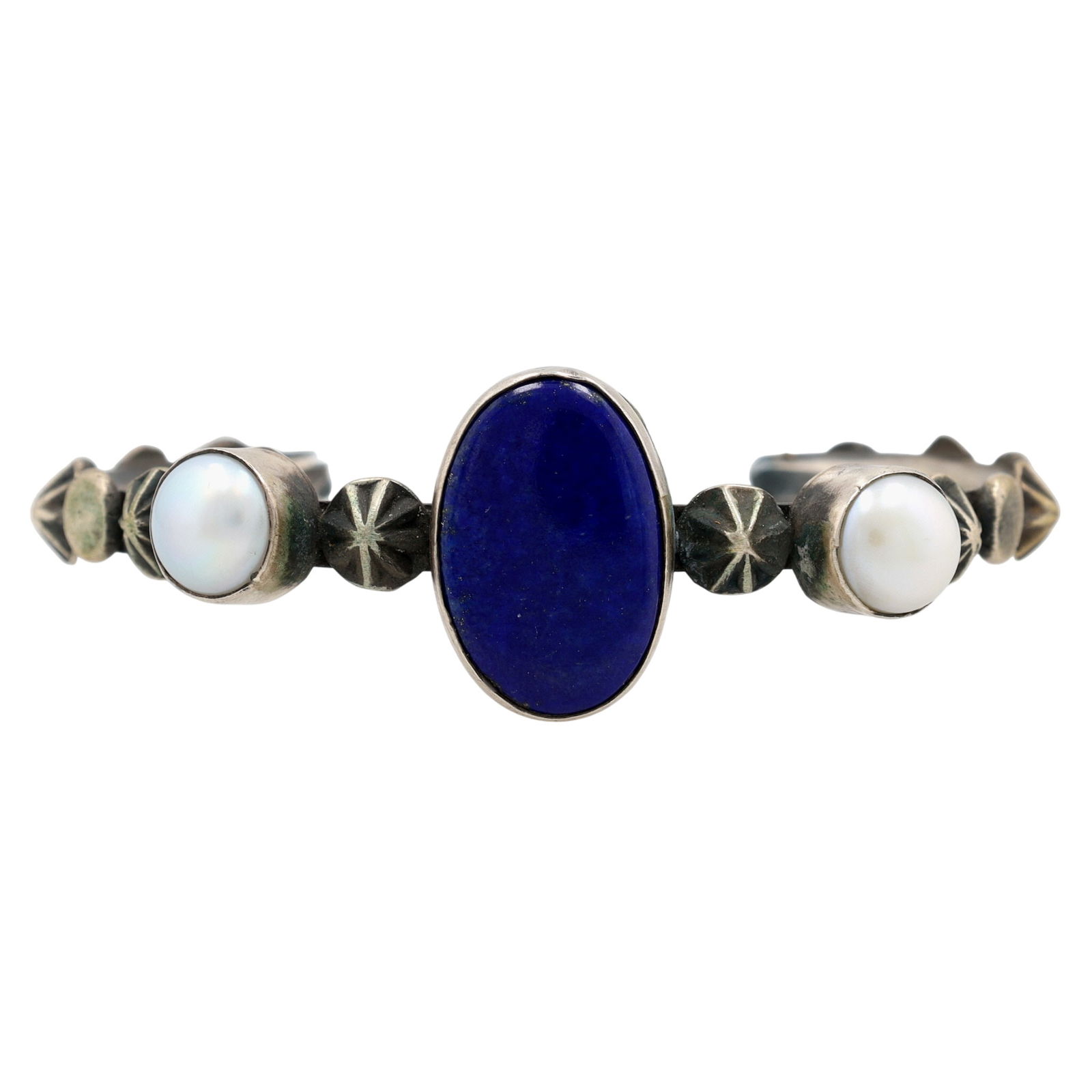 Chimney Butte Navajo Lapis Lazuli and Pearl Oxidized Cuff Bracelet: Chimney Butte Navajo Sterling Lapis Lazuli and Pearl Oxidized Cuff Bracelet - 22.9g - Retailed $380