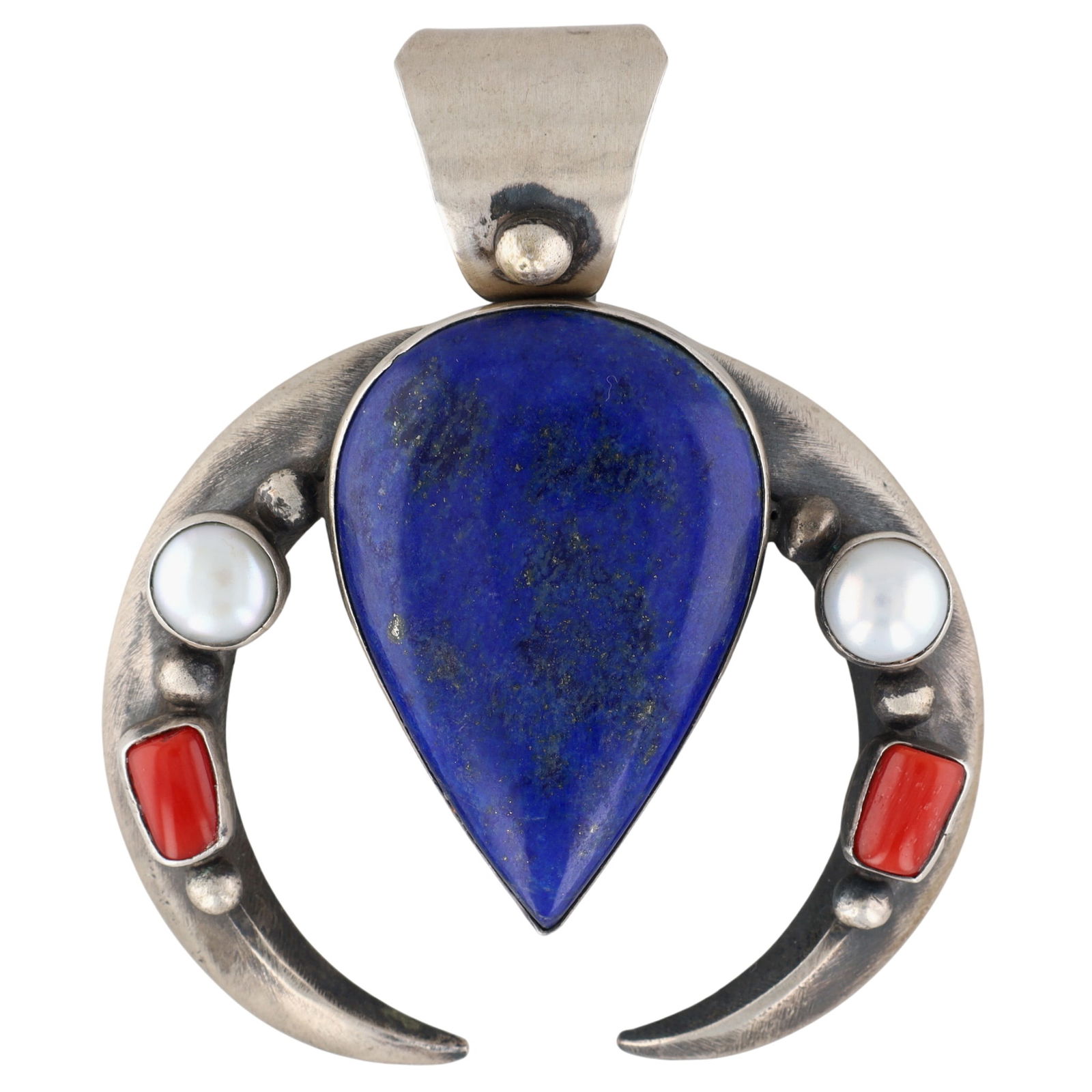 Huge Chimney Butte Navajo Multistone Naja Pendant: Huge Chimney Butte Sterling Navajo Lapis Lazuli, Coral, and Pearl Oxidized Naja Pendant - 80.5g! Retailed $640