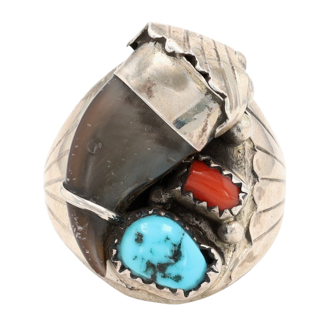Elaine Sam Navajo Turquoise and Coral Claw Ring Sz 9: Elaine Sam Navajo Sterling Turquoise and Coral Claw Ring Sz 9 - 15.2g