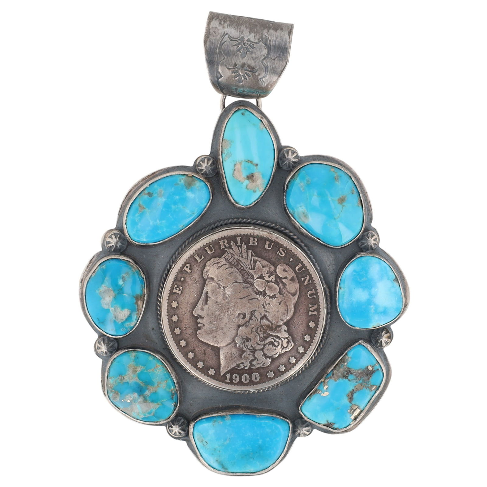 Sandra Nez Huge Navajo Turquoise Morgan Dollar Pendant: Sandra Nez HUGE Sterling and Turquoise 1900 Morgan Dollar Cluster Pendant - 105.2g - 4.4"l x 3"w - bail will fit 15mm beads/necklace