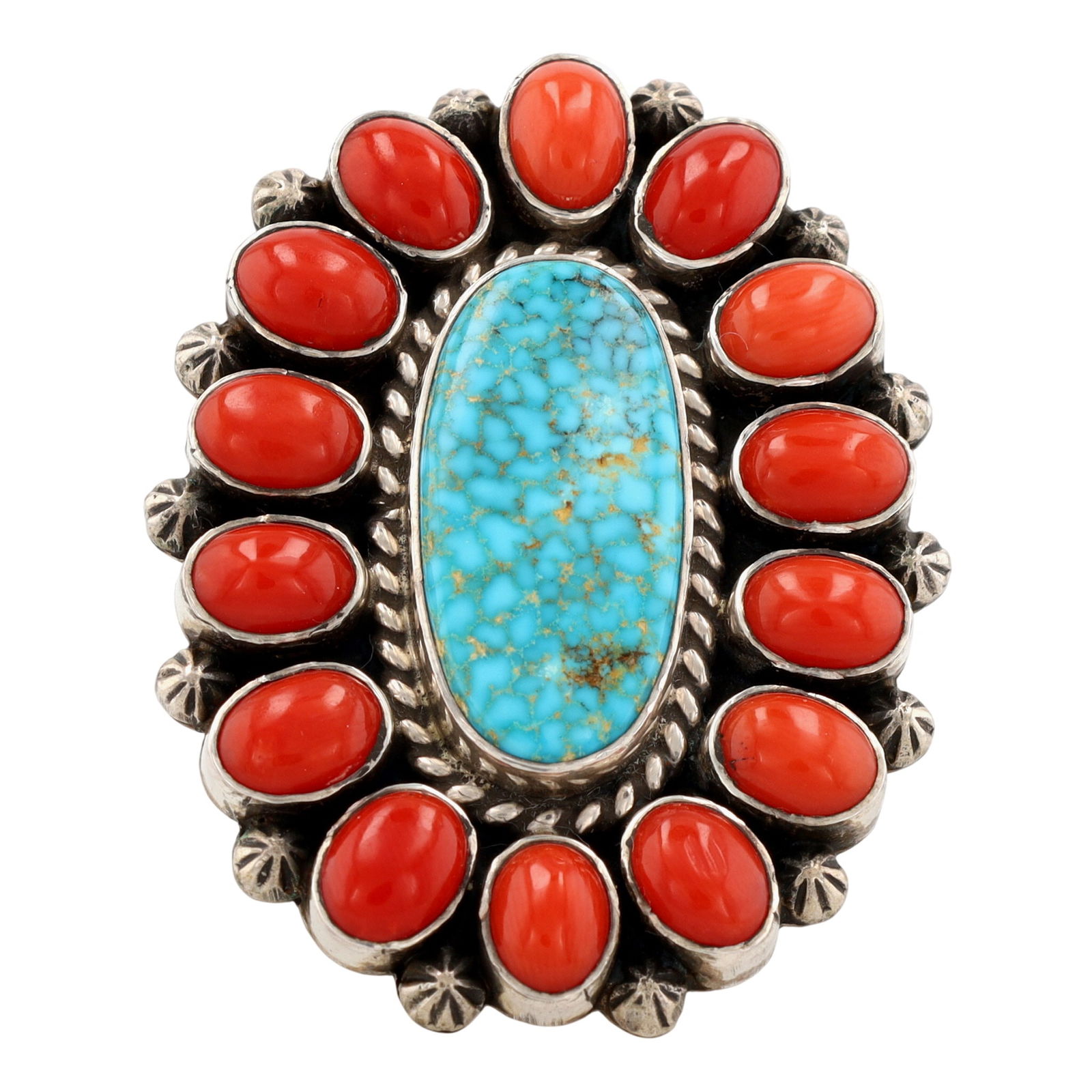 Aaron Tallis Navajo Turquoise and Coral Cluster Adjustable Ring (1 of 8)