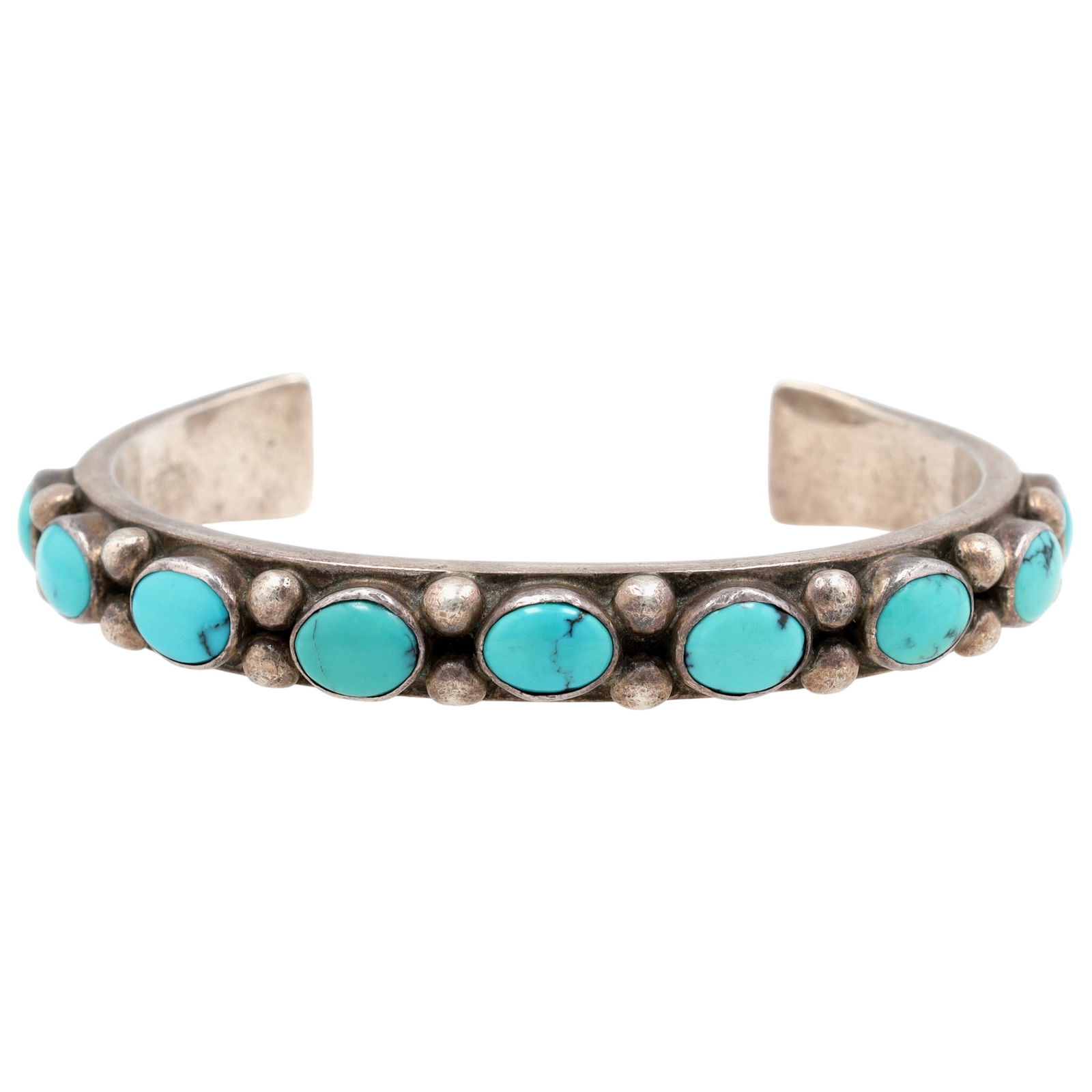 Signed Navajo Turquoise Row Cuff Bracelet: Signed (Joseph T---is? and a pictomark of a sitting stick figure) Navajo Sterling Turquoise Row Thick Cuff Bracelet - 55g