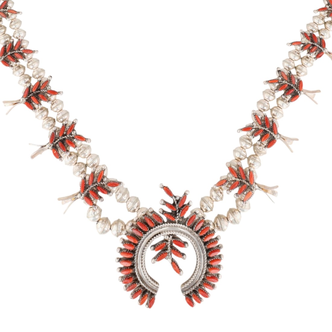 Evangeline Edaakie Zuni Coral Squash Blossom Necklace: Evangeline Edaakie Zuni Sterling Coral Needlepoint Squash Blossom Necklace - 69.3g - Comes with a 'Certificate of Authenticity' that the consignor received when purchasing the necklace in 2007.