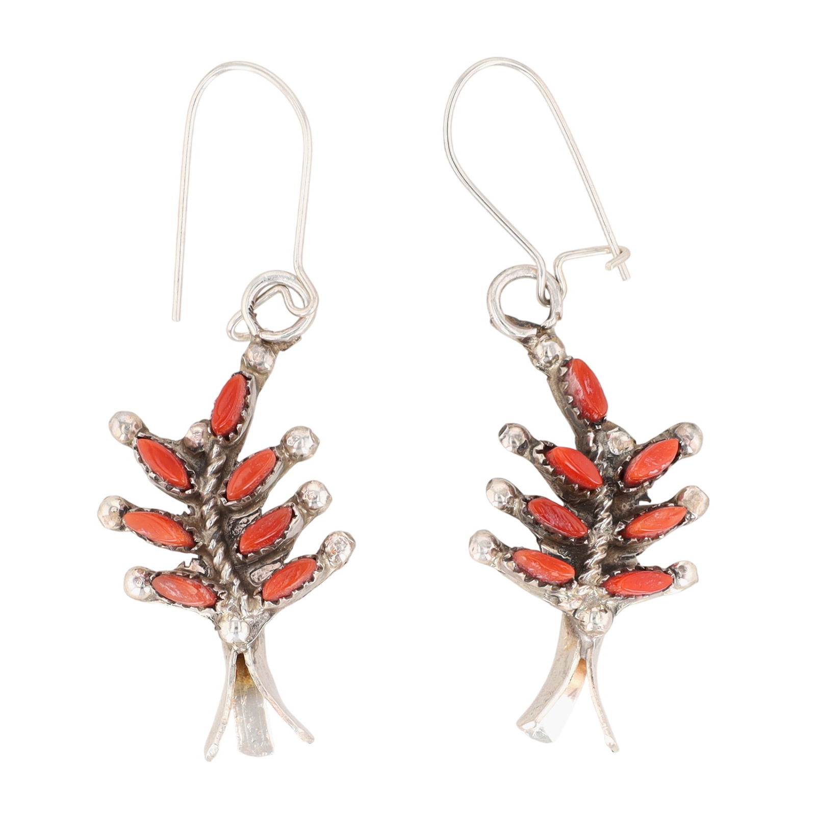 Evangeline Edaakie Zuni Coral Squash Blossom Earrings: Evangeline Edaakie (attr.) Zuni Sterling Coral Needlepoint Squash Blossom Earrings - 3.4g - These earrings are unsigned but were part of the consignor's purchase of the coordinating Evangeline