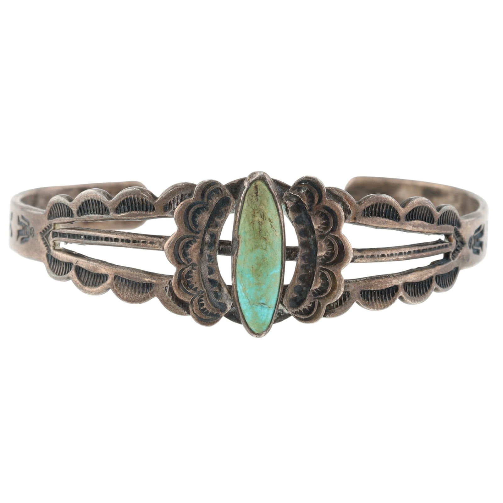 Fred Harvey Era Turquoise Stamped Cuff Bracelet: Vintage Fred Harvey Era Navajo Sterling Turquoise Stamped Cuff Bracelet - 13.1g