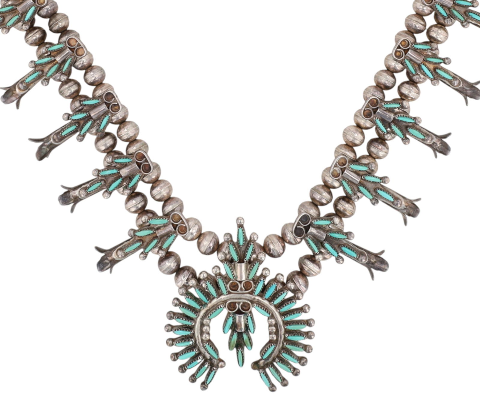 Vintage Wytsalucy Zuni Needlepoint Turquoise Squash Blossom Necklace: Vintage Wytsalucy Zuni Sterling Needlepoint Turquoise Squash Blossom Necklace - approx 80g - approx. 22" long from end to end