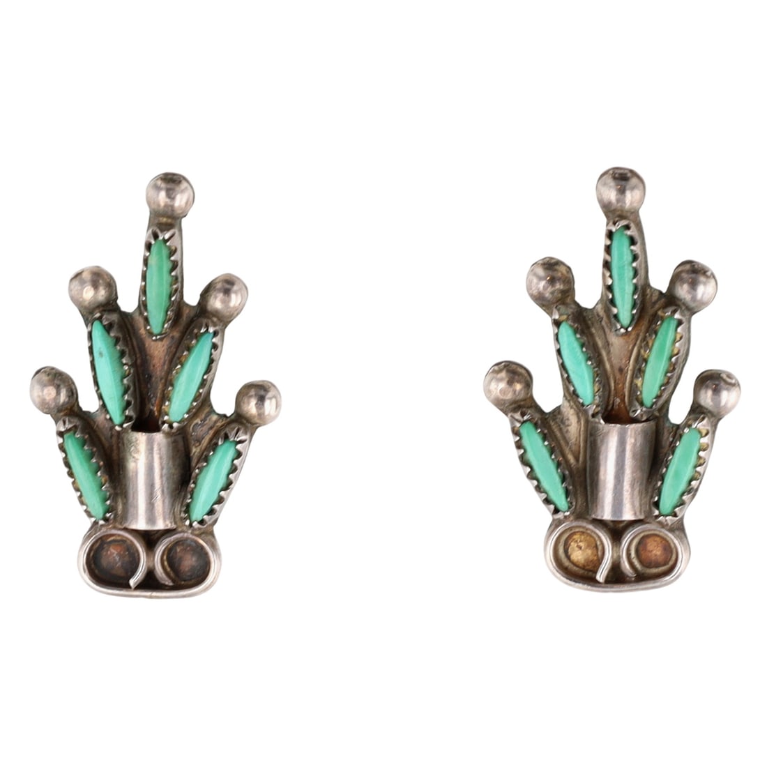 Vintage Wytsalucy Zuni Needlepoint Turquoise Earrings: Vintage Wytsalucy (attr.) Zuni Sterling Needlepoint Turquoise Earrings - 3.2g - note: attributed to 'Wytsalucy' - consignor reports earrings were sold with the squash blossom in lot 300, made by 'Wyts