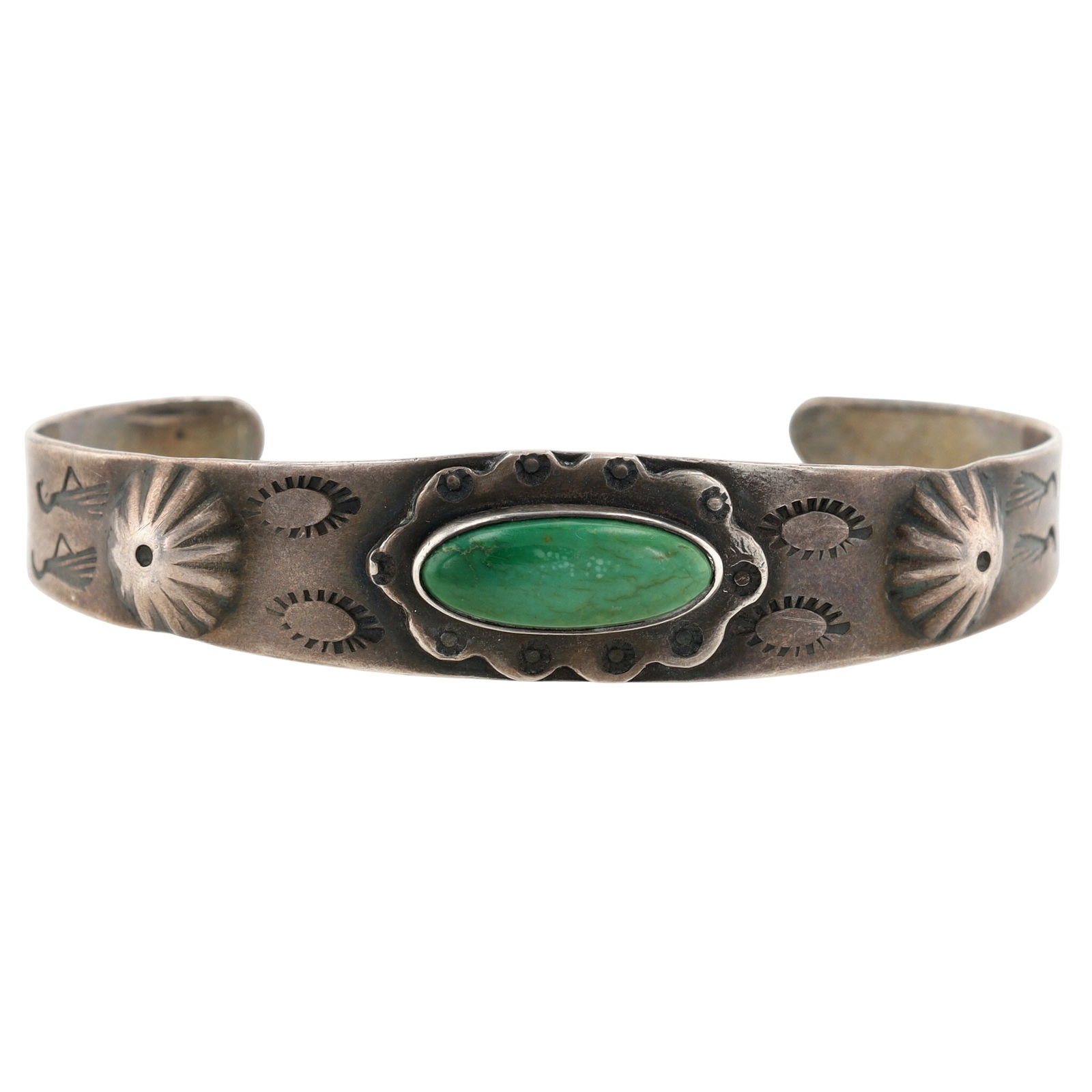 Fred Harvey Era Green Turquoise Stamped Cuff Bracelet: Vintage Fred Harvey Era Navajo Sterling Green Turquoise Stamped Cuff Bracelet - 13g