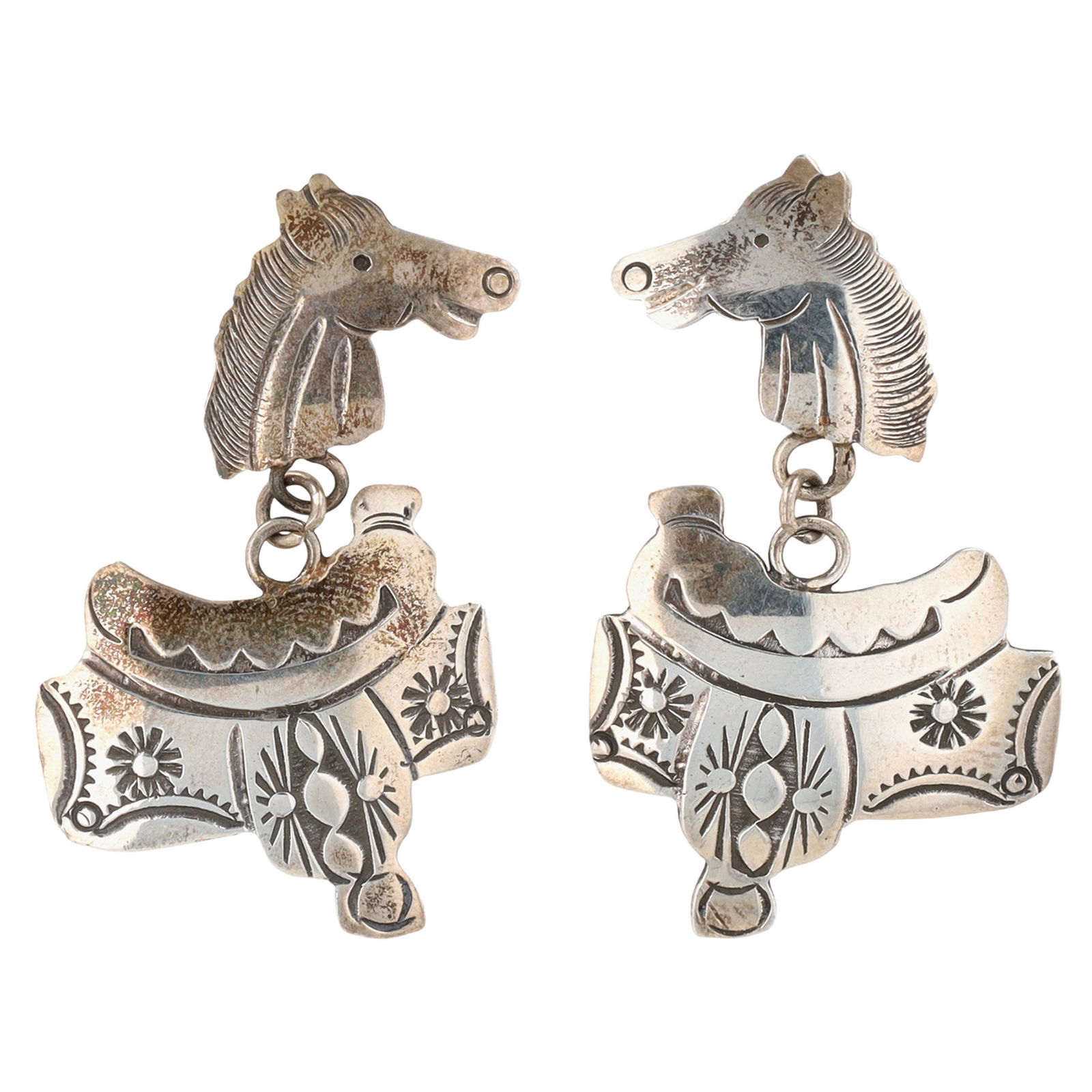 Navajo Horse and Saddle Stamped Dangle Earrings: Navajo Sterling Horse and Saddle Stamped Dangle Earrings - 5.6g