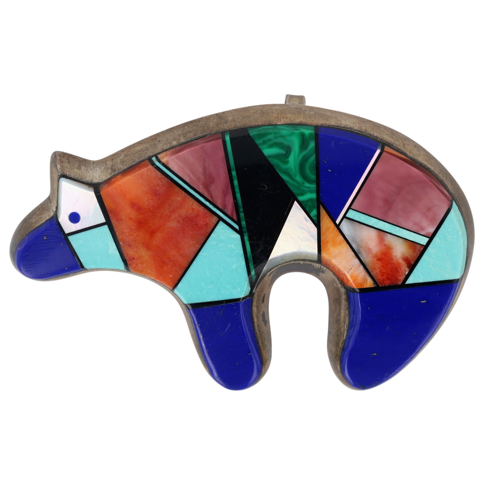 Signed Navajo Multistone Inlay Bear Pendant Brooch: Signed D.B. Navajo Sterling Multistone (Turquoise, Lapis Lazuli, Purple and Orange Spiny Oyster, Mother of Pearl, Malachite, Jet/Onyx) Inlay Bear Pendant Brooch - 25.6g