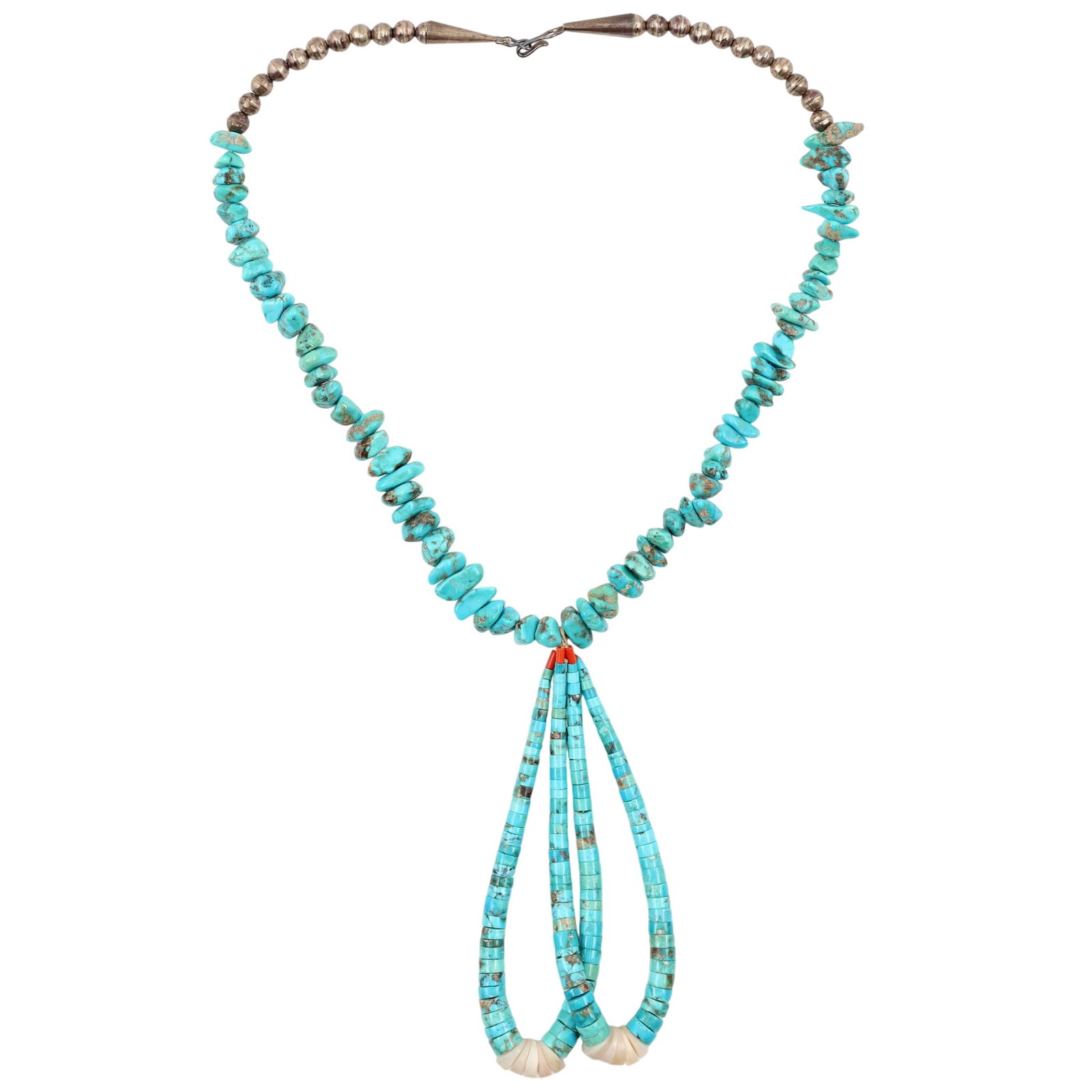 Vintage Santo Domingo Turquoise and Coral Heishi Jacla Necklace: Vintage, Large Santo Domingo Sterling and Turquoise Chunk Necklace and Shell, Turquoise, and Coral Heishi Jaclas - 156g - 26.5" from end to end (excludes the jaclas), jaclas drop approx 6" down from n