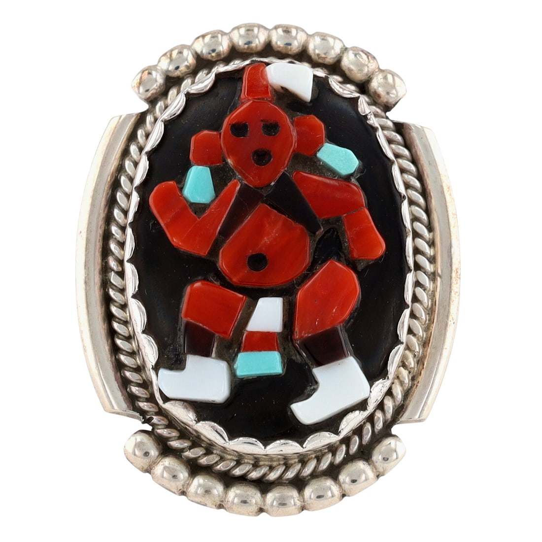 Beverly Etsate Zuni Mudhead Dancer Ring Sz 6: Beverly Etsate Vintage Zuni Sterling and Multistone (Coral, Turquoise, Jet, Shell) Raised Inlay Mudhead Dancer Ring Sz 6.25 - 8.6g