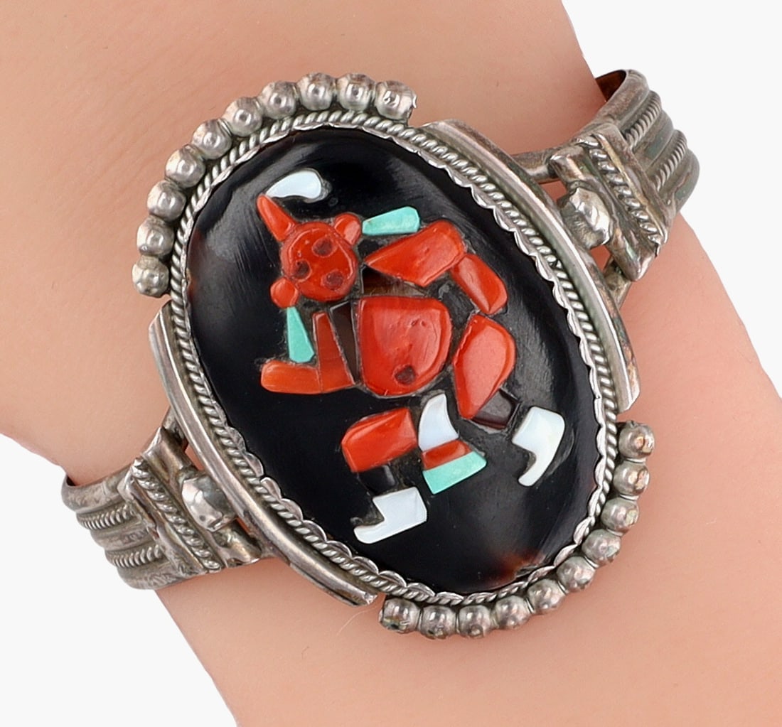 Beverly Etsate Zuni Mudhead Dancer Cuff Bracelet: Beverly Etsate Vintage Zuni Sterling and Multistone (Coral, Turquoise, Jet, Shell) Raised Inlay Mudhead Dancer Cuff Bracelet - 30.9g - Note: Cuff is hand signed - able to make out Etsate and Zuni, but