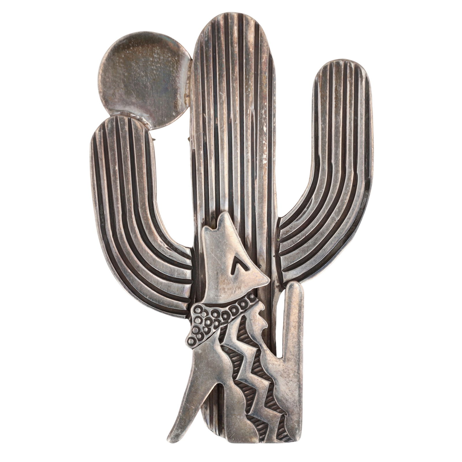 Allison Snowhawk Lee Navajo Howling Wolf and Cactus Brooch: Allison Snowhawk Lee Navajo Sterling Stamped Howling Wolf, Moon, and Cactus Brooch - 11.8g