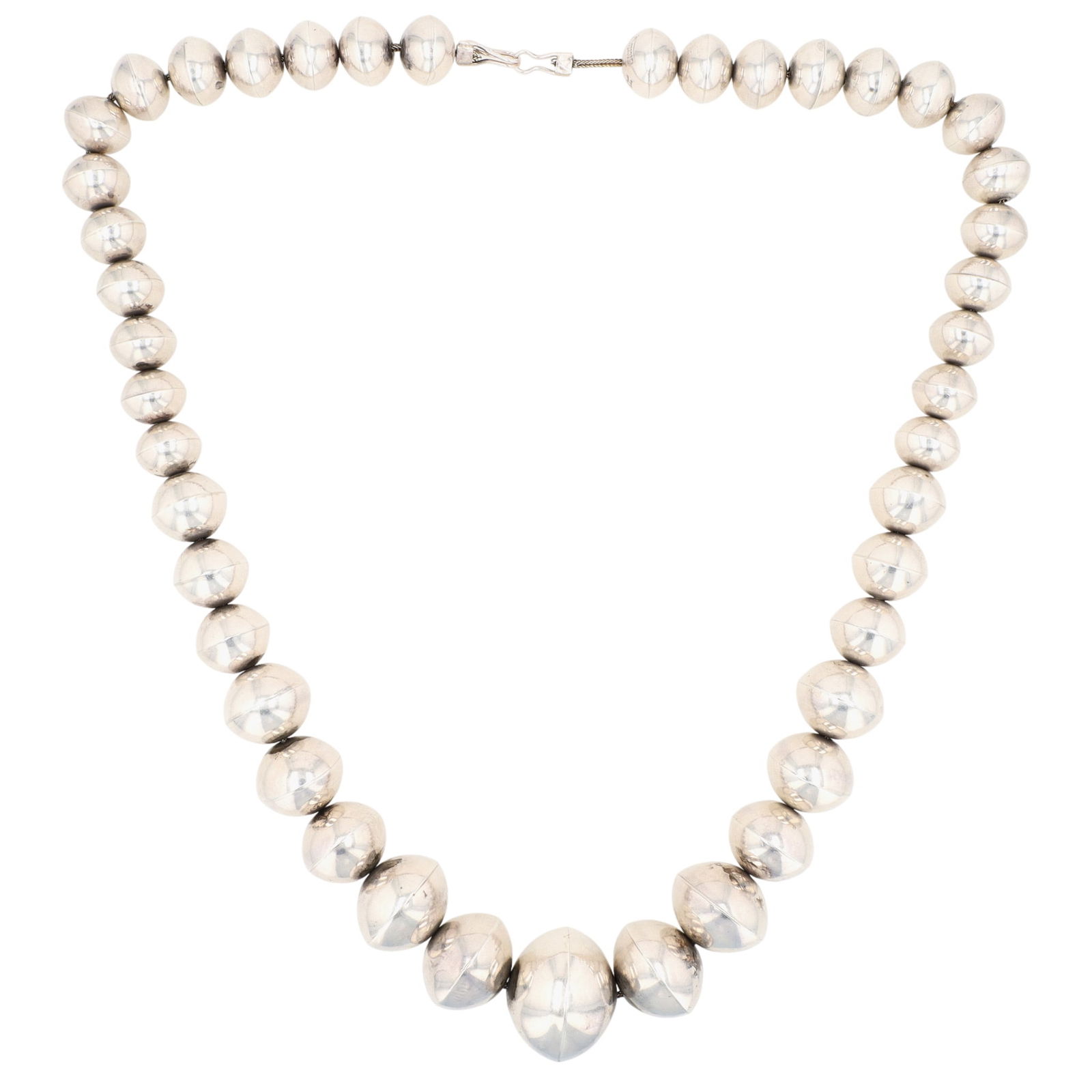 Signed RH Navajo Handmade Graduated Bead Necklace: Amazing Signed RH (Possibly Ruby Haley?, unable to confirm) Navajo Sterling Handmade Graduated Bead/'Navajo Pearl' Necklace - 102g - approx. 22" from end to end, various bead sizes - largest bead appr