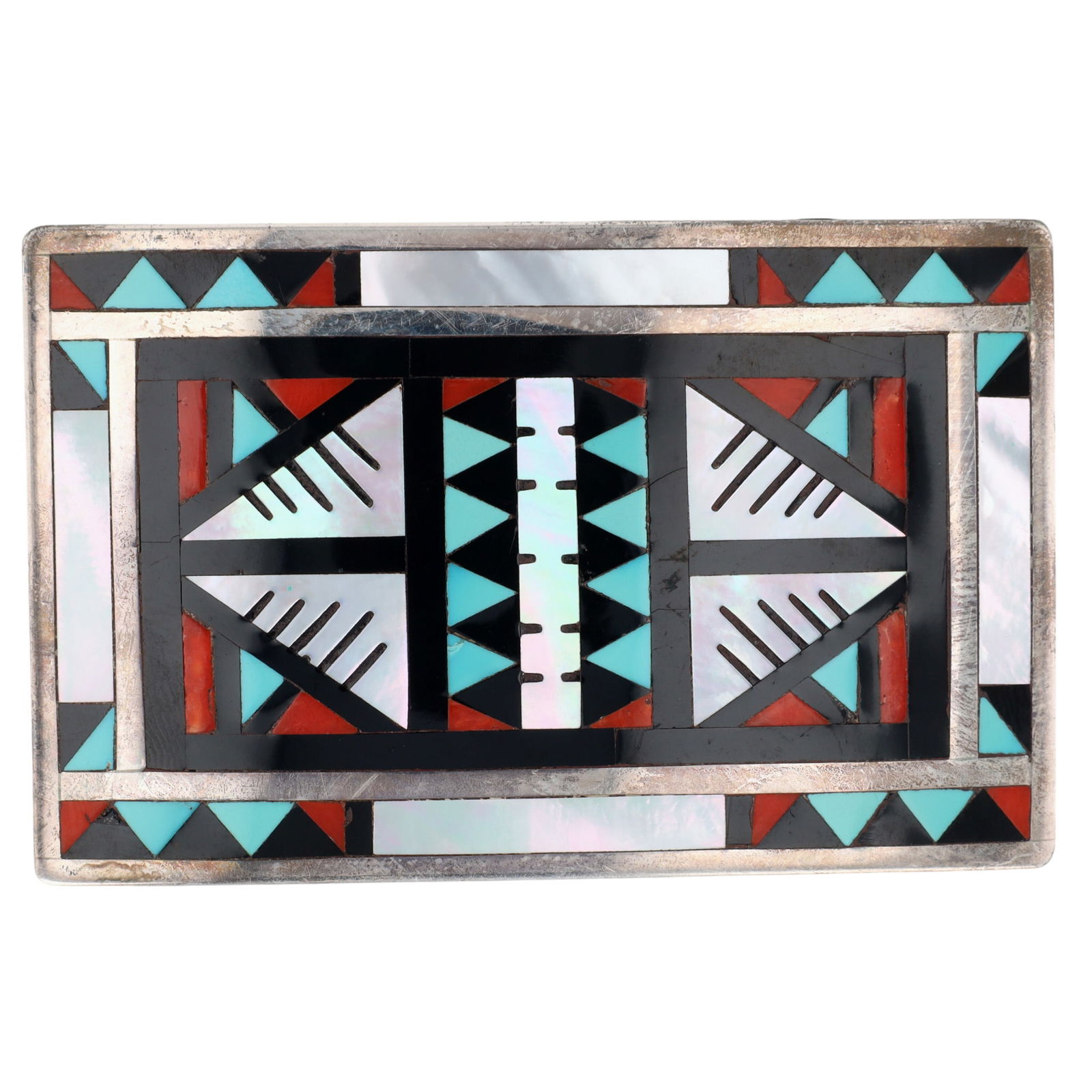 Alex & Marylita Boone Zuni Mosaic Inlay Belt Buckle: Alex & Marylita Boone Zuni Sterling Multistone (Turquoise, Coral, Mother of Pearl, Jet) Mosaic Inlay Belt Buckle - 36.1g