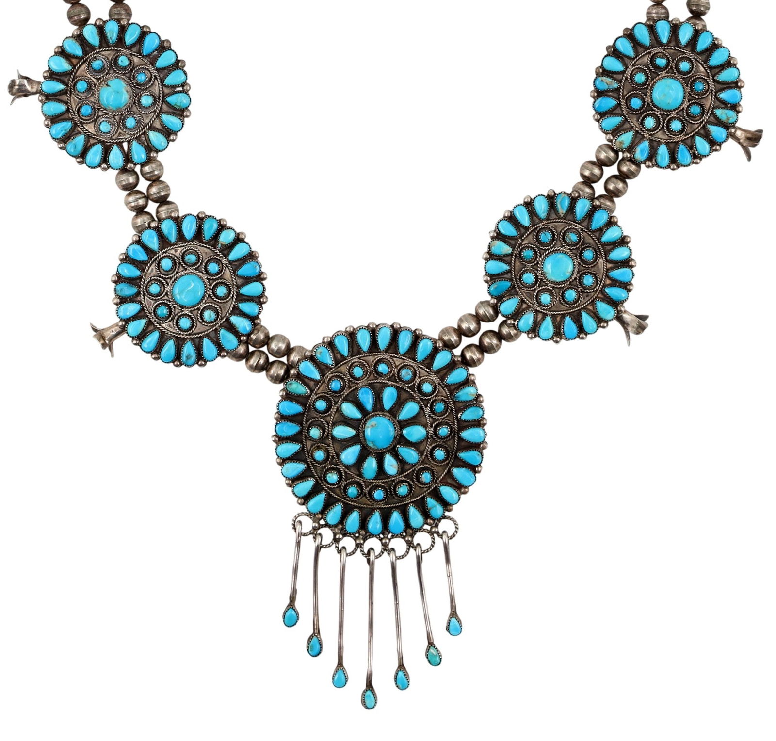 Victor Moses Begay Navajo Turquoise Cluster Squash Blossom Necklace: Victor Moses Begay Navajo Sterling Turquoise Cluster Station Squash Blossom Necklace - 134g - approx. 24" from end to end - center cluster has approx. 2.54" diameter with longest dangles at 2".