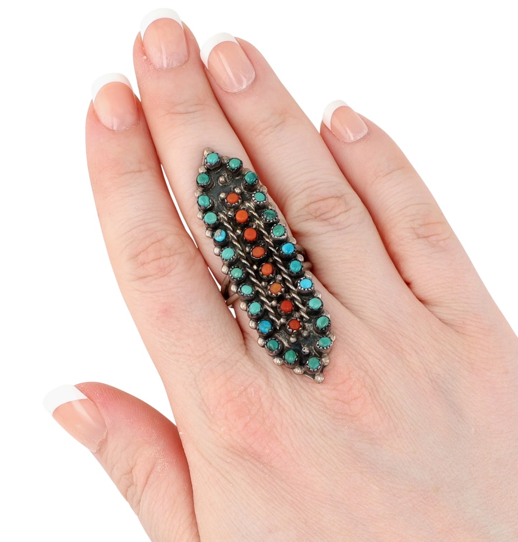 Fred Yazzie Navajo Turquoise and Coral Long Cluster Ring Sz 7.5: Fred Yazzie Navajo Sterling Turquoise Coral Long Cluster Ring Sz 7.5 - 12.3g - approx 2.3" long - Hand signed "Made By Fred Yazzie"