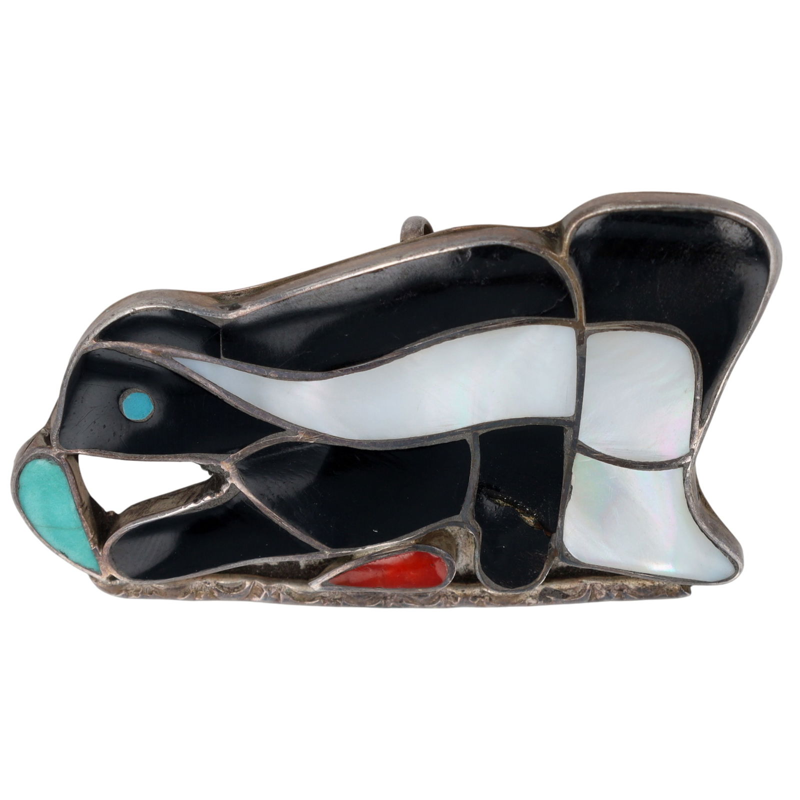 Rare Porfilio Sheyka Zuni Inlay Skunk Brooch: Rare Vintage Porfilio Sheyka Zuni Sterling Multistone (Turquoise, Jet/Onyx, Coral, Mother of Pearl) Inlay Skunk Brooch - 6.9g - approx. 1.6" x .9" - small split in lower leg, inlay is stable