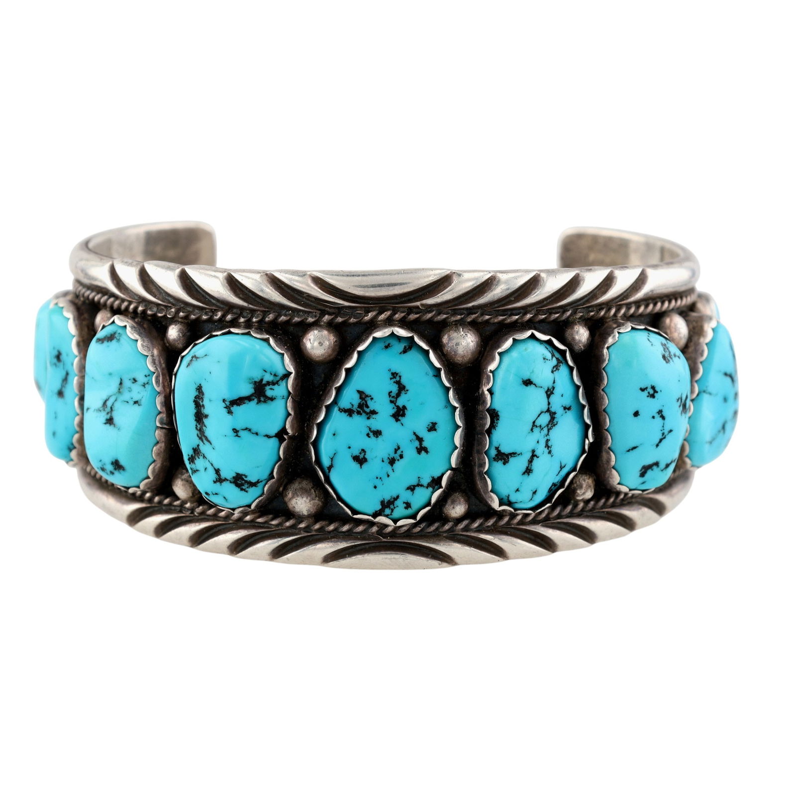 Esther Spencer Navajo Turquoise Chunk Wide Cuff Bracelet: Esther Spencer Navajo Sterling Turquoise Chunk Tooled Wide Cuff Bracelet - 84g