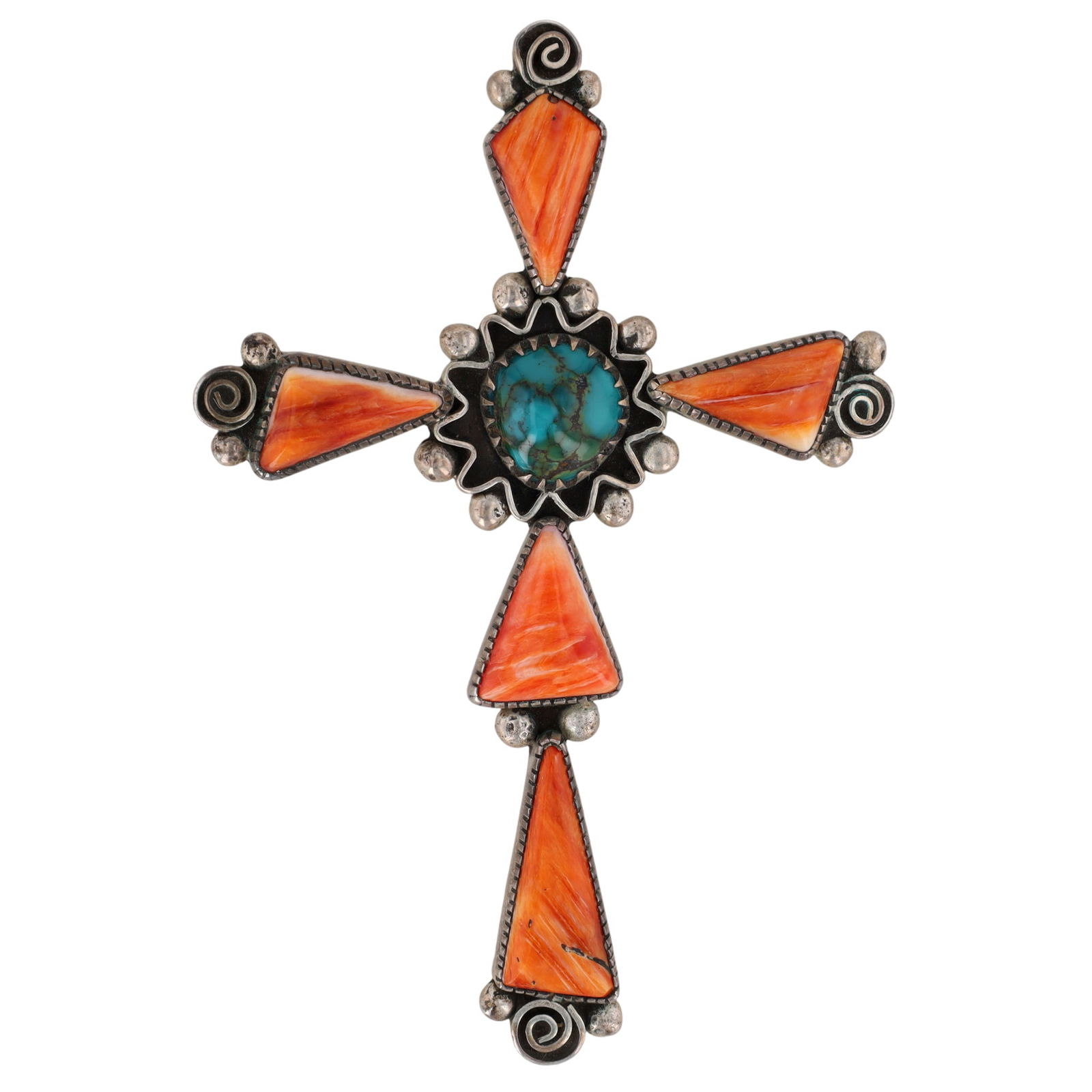 Signed Navajo Spiny Oyster and Turquoise Cross Pendant Brooch: Huge Signed 'NL' Navajo Sterling Spiny Oyster and Turquoise Cross Pendant Brooch - 29.1g - approx. 4" tall x 2.7" wide