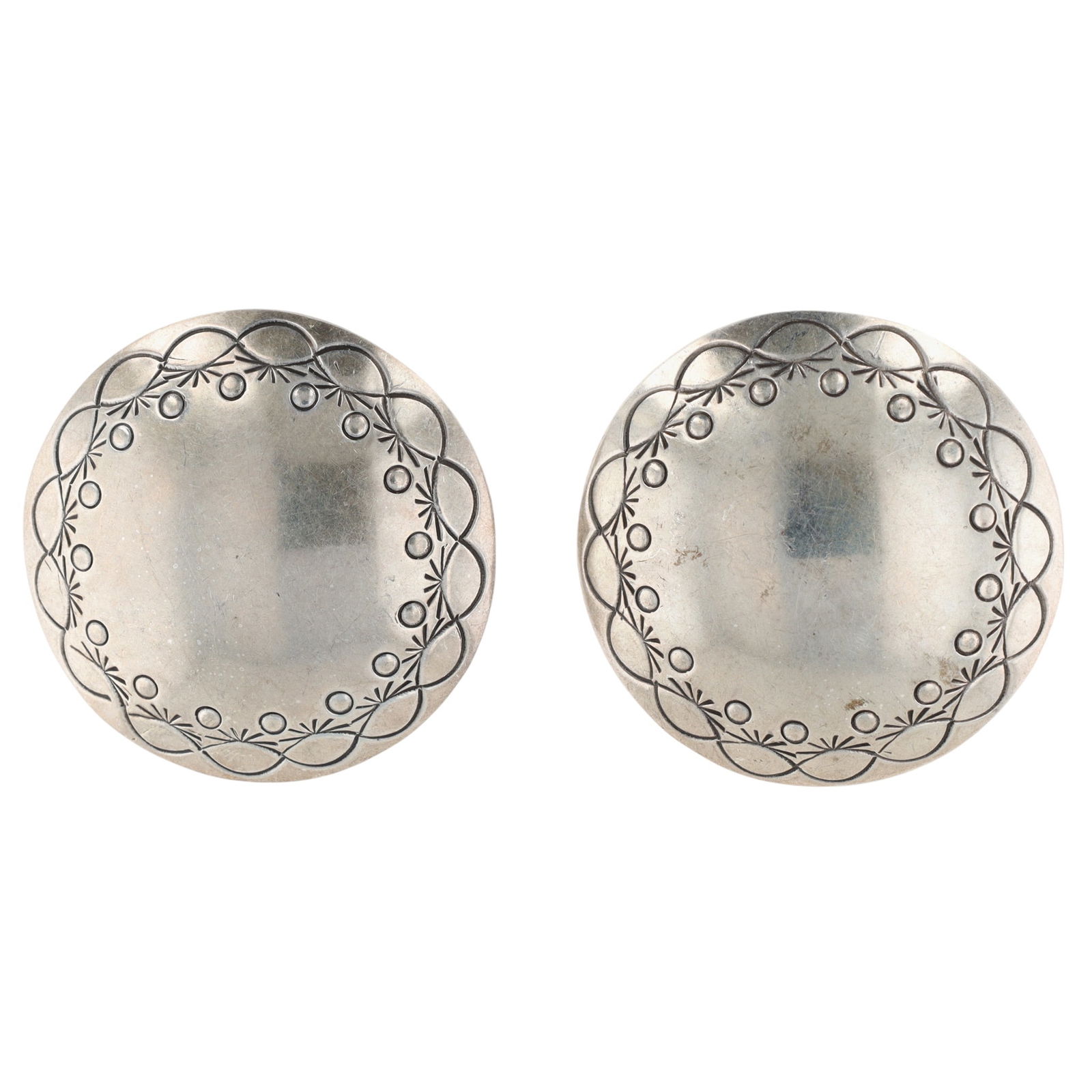 Jerald Tahe Navajo Stamped Disc Earrings: Big! Jerald Tahe Navajo Sterling Stamped Disc Earrings - 21.8g - 1.7" diameter