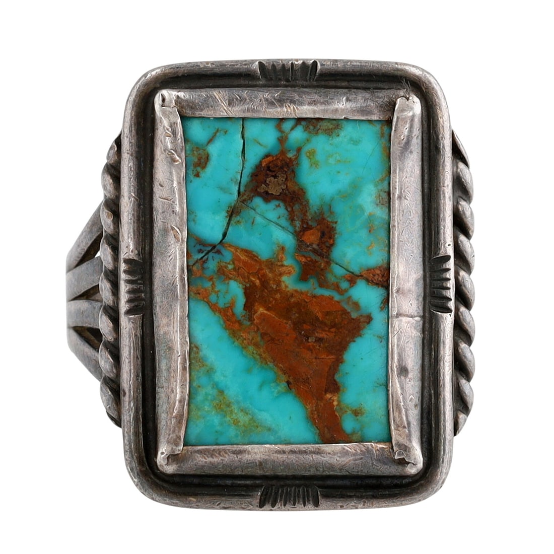 Signed Vintage Navajo Turquoise Ring Sz 10: Signed Vintage Navajo Sterling Turquoise Ring Sz 10 - 10.4g - Note: crack in stone, see photos, turquoise remains secure in setting