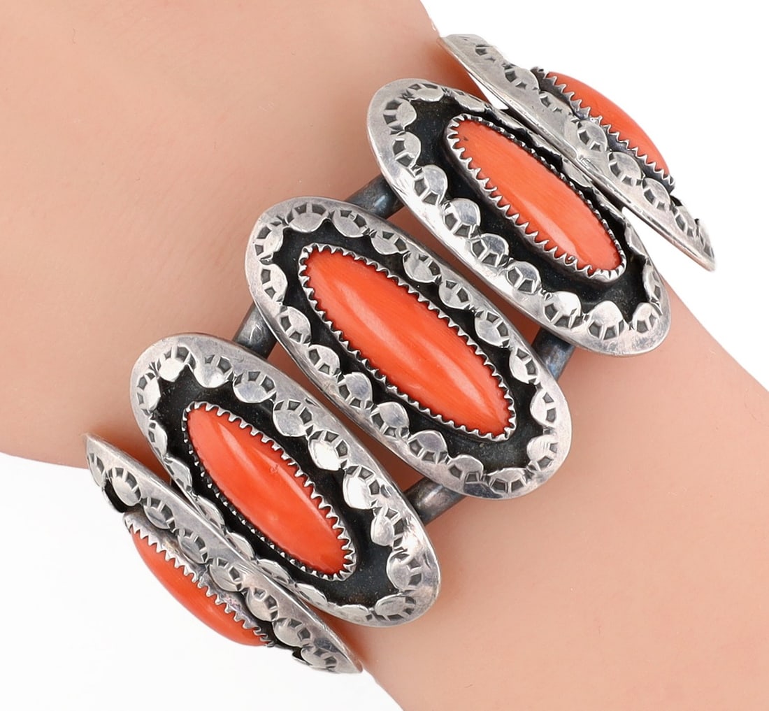 T. Ross Navajo Coral Stamped Shadowbox Cuff Bracelet: T. Ross Navajo Sterling Coral Stamped Shadowbox Cuff Bracelet - 51.3g