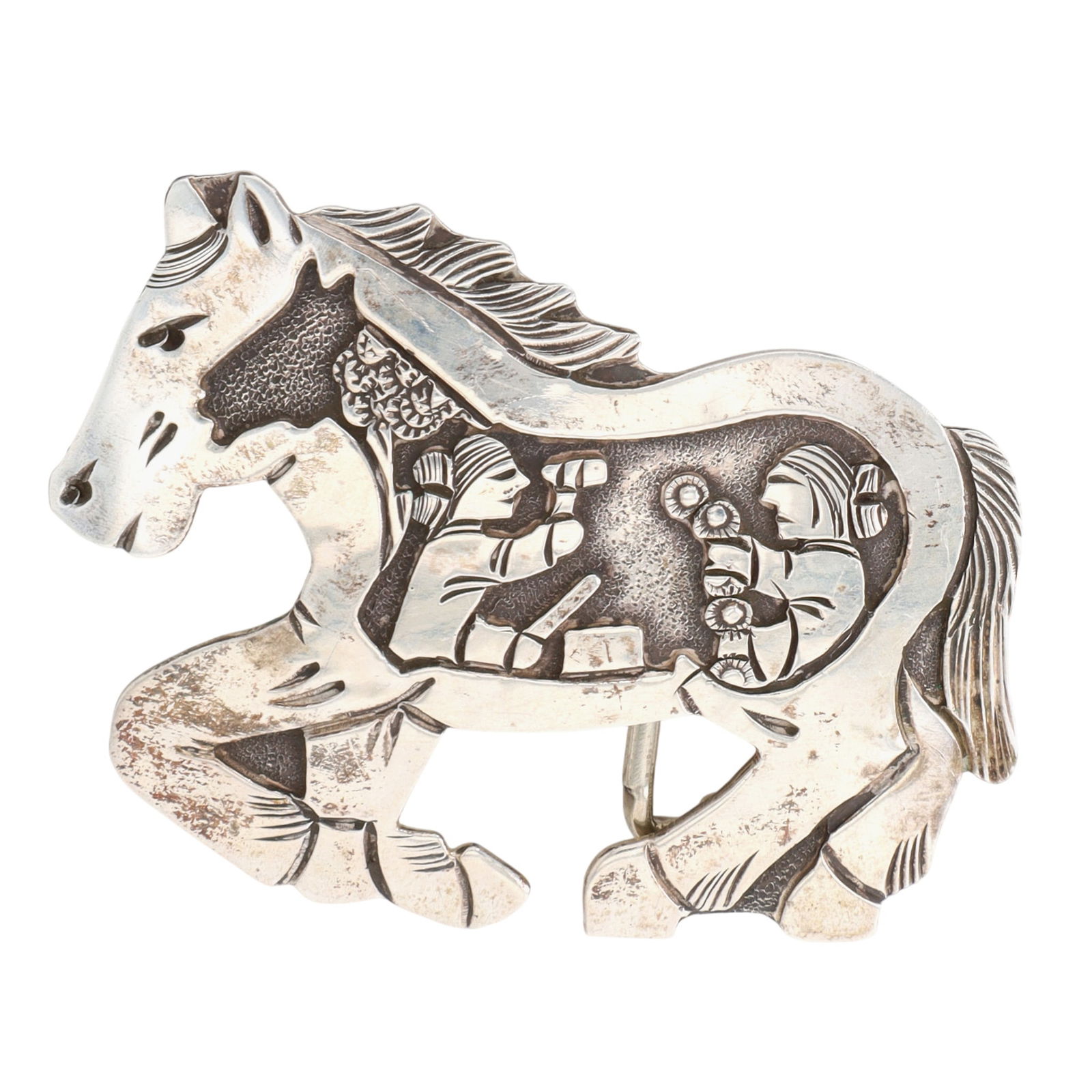 Floyd & Lloyd Becenti Navajo Storyteller Horse Belt Buckle: Vintage Floyd Becenti Jr. & Lloyd Becenti Navajo Sterling Storyteller Horse Belt Buckle - 39.6g - approx 3" x 2.1" - amazing design!