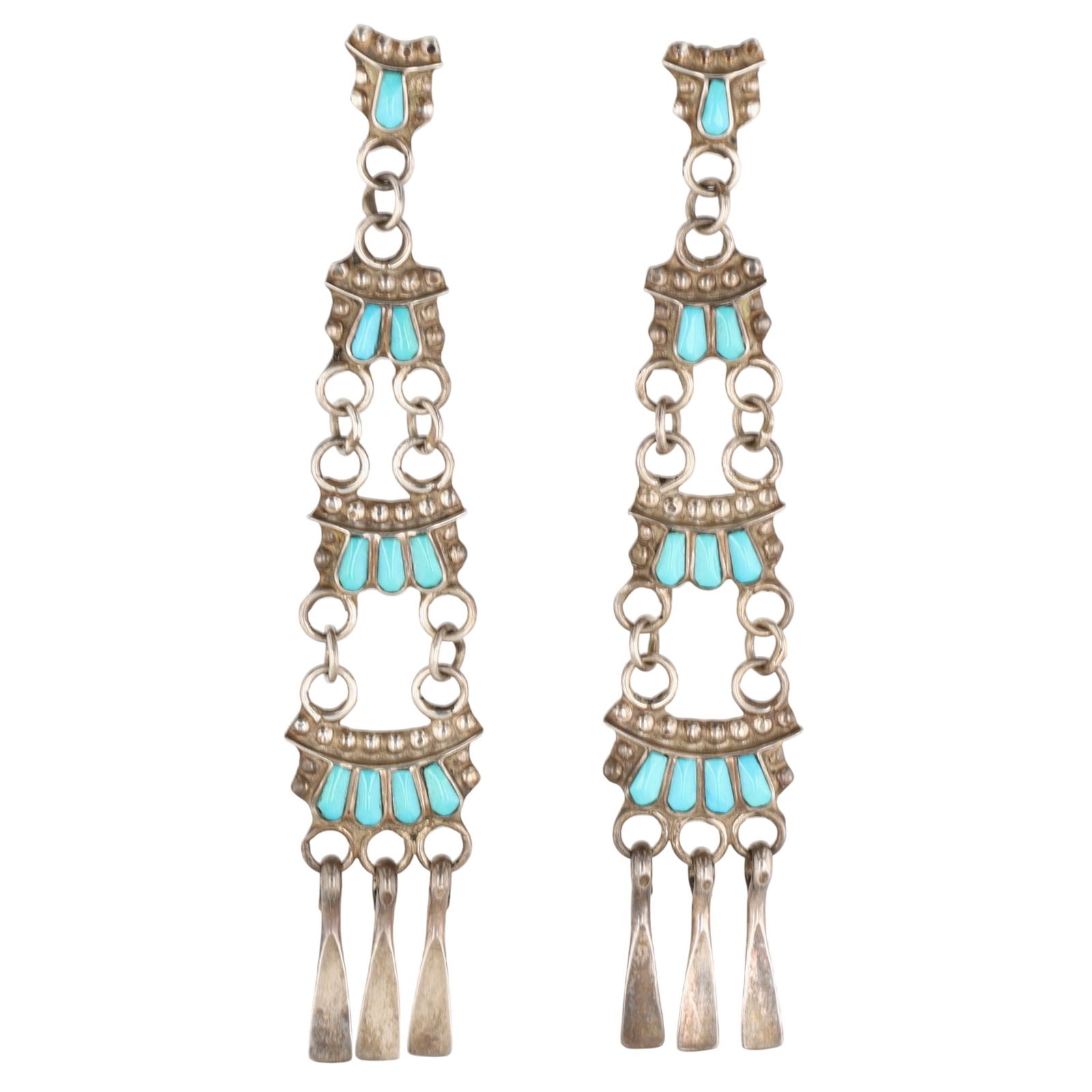 Lucy Sheyka Zuni Turquoise Ladder Dangle Earrings: Beautiful - Vintage Lucy Sheyka/Shekya Zuni Sterling & Turquoise Ladder Dangle Earrings - 11.2g - approx. 3.2" long (including dangles)