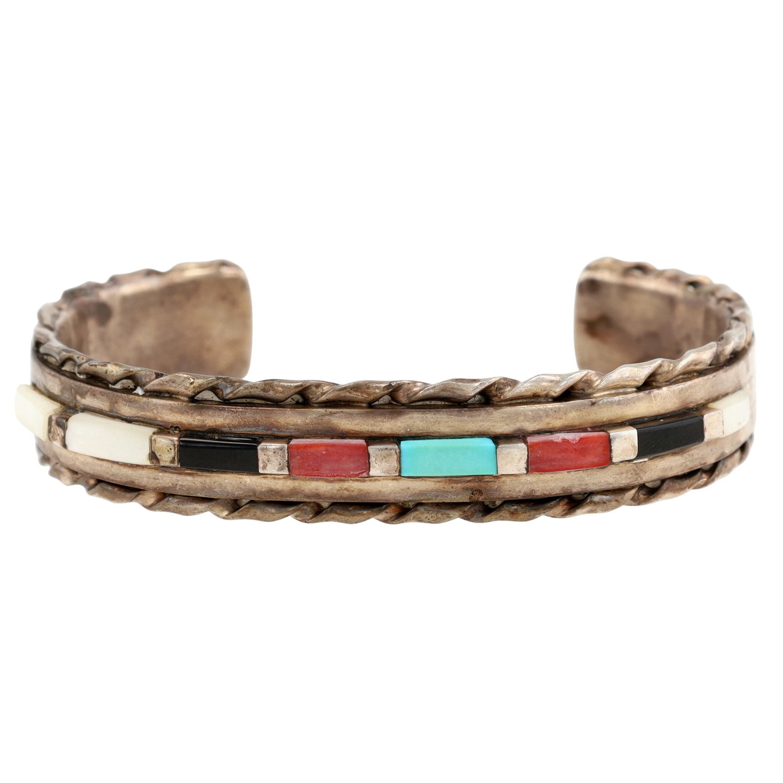 Rena King Zuni Multistone Inlay Cuff Bracelet: Vintage Rena King Zuni Sterling Multistone (Spiny Oyster, Mother of Pearl, Turquoise, Jet) Inlay Cuff Bracelet - 39.1g