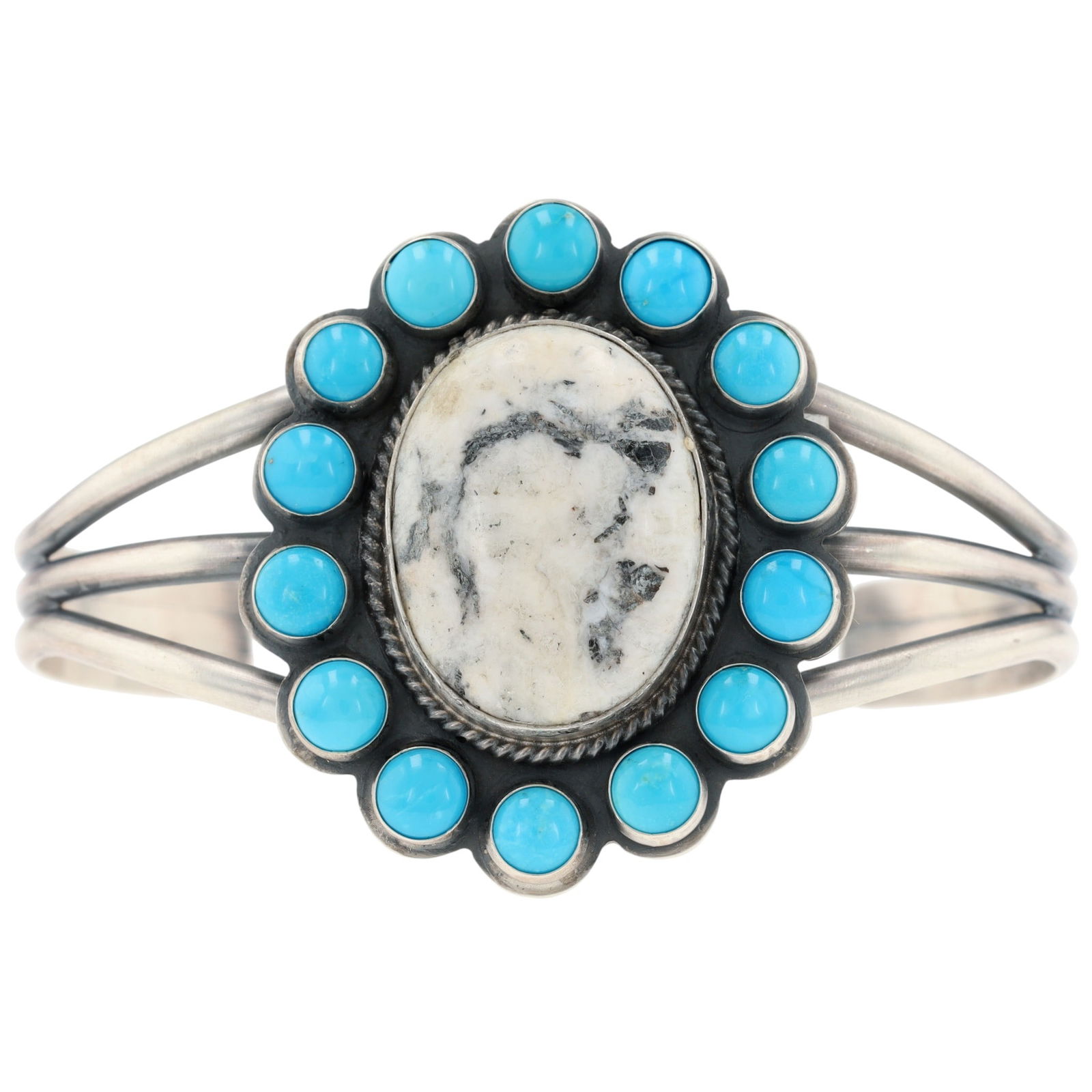 Boyd Ashley Navajo Turquoise and White Buffalo Cuff Bracelet: Boyd Ashley Navajo Sterling Silver Turquoise and White Buffalo Cluster Cuff Bracelet - 44.2g - Note: there is some residue from where the retail tag was placed and was removed to check for markings. R