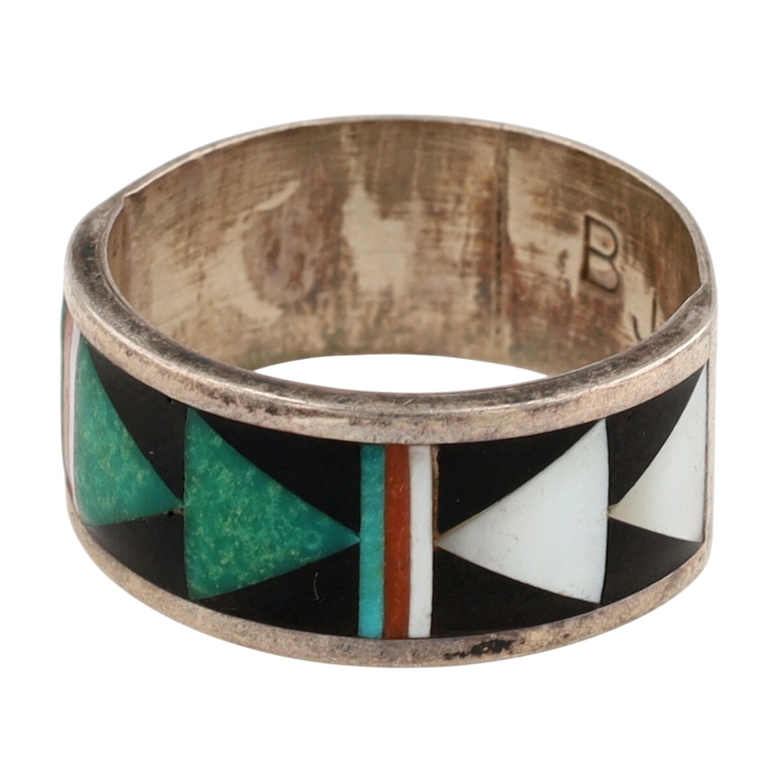 Bernard Cachini Zuni Multistone Inlay Ring Sz 9.5: Bernard Cachini Zuni Sterling Multistone (Turquoise, Coral, Mother of Pearl, Jet/Onyx) Inlay Ring Sz 9.5 - 4.4g